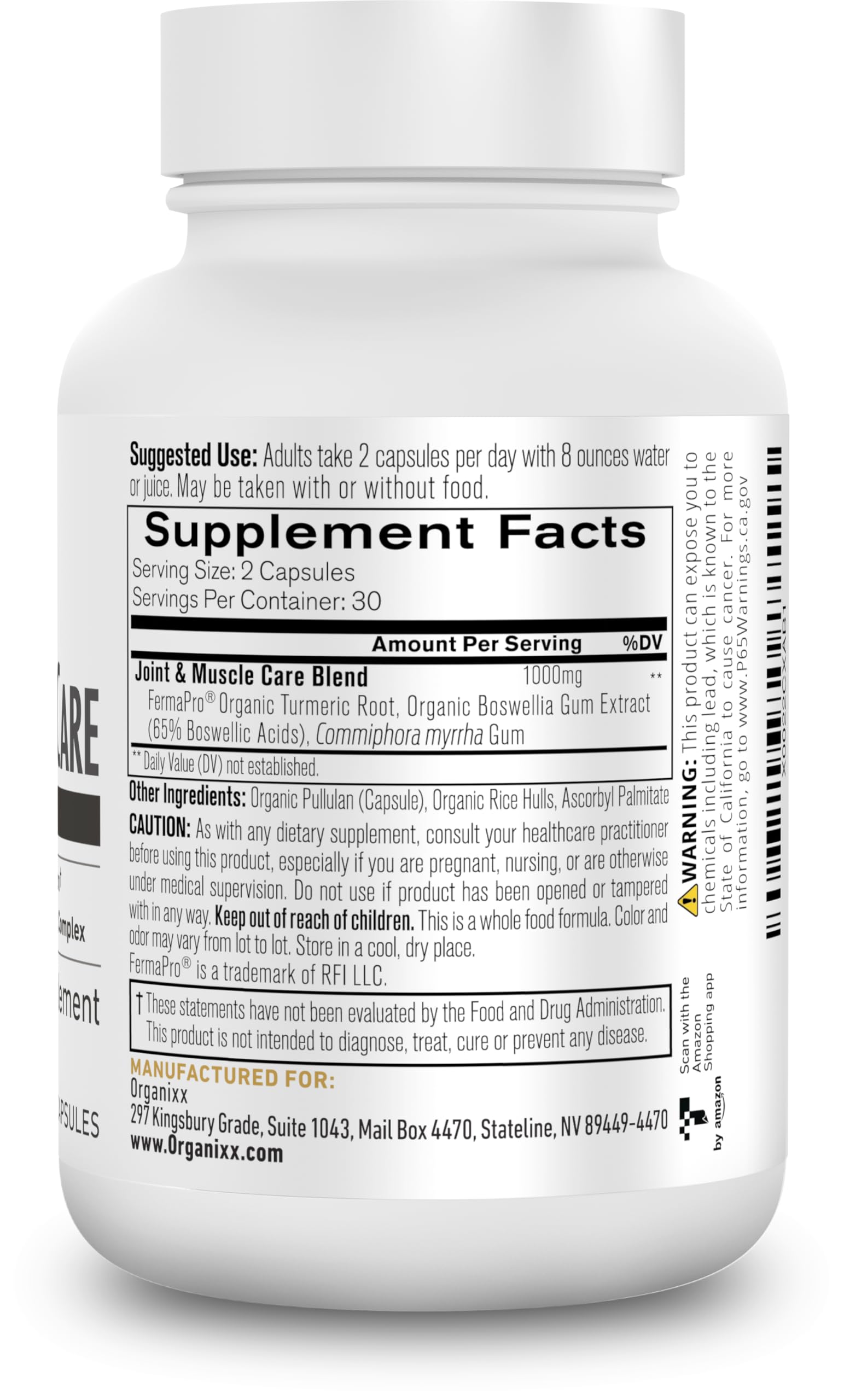 Organixx Joint & Muscle Care Organic Turmeric Supplement, 3-in-1 Frankincense, Turmeric and Myrrh Joint Health & Joint Support Supplement Body Care Capsules, Supports Swelling, Tension, 60 Capsules Organixx uk supplements