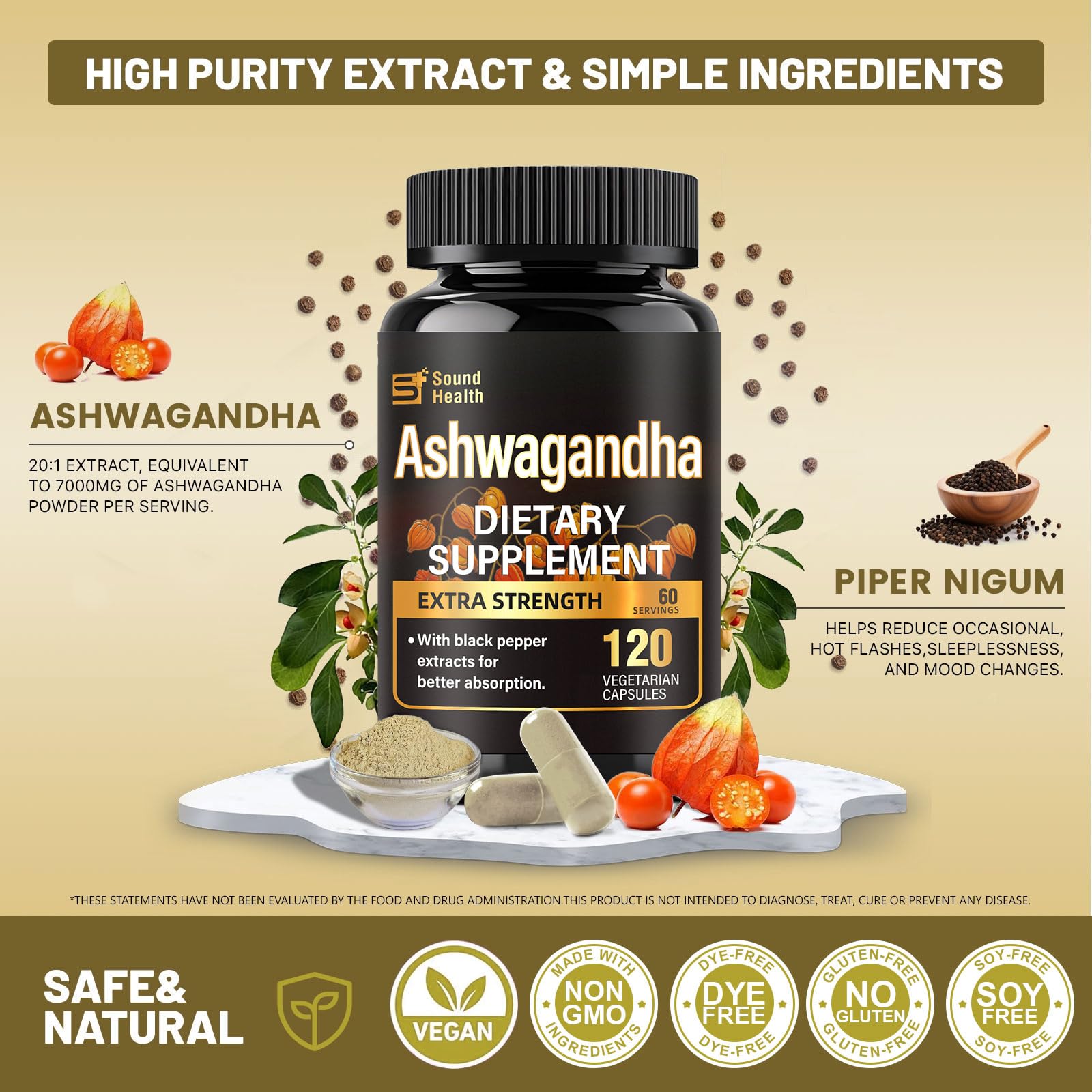 7000mg Ashwagandha Supplements Powder (20:1 Root Extract), 120 Organic Ashwagandha Capsules for Women & Men, Black Pepper & BioPerine for Absorption, Non GMO, Third-Party Tested, Gluten Free SoundHealth uk supplements