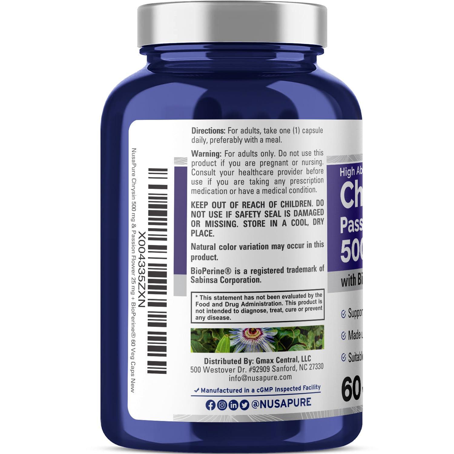 NusaPure Chrysin 500mg, 60 Veggie Capsules | Passion Flower Complex 500mg Supplement | 5, 7-Dihydroxyflavone | Concentrated Extract | Non-GMO, BioPerine & Vegan NusaPure uk supplements
