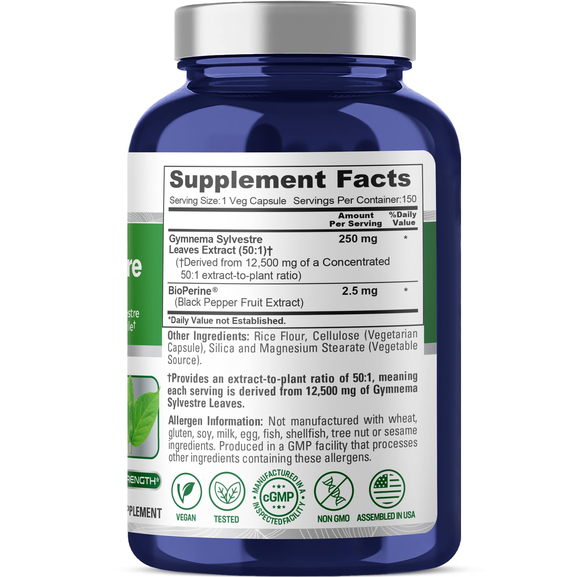 NusaPure Gymnema Sylvestre 50:1 Extract, 250 mg Equivalent to 12,500mg Per Vegan Caps - 150 Count (Non-GMO, Vegan, Bioperine) NusaPure uk supplements