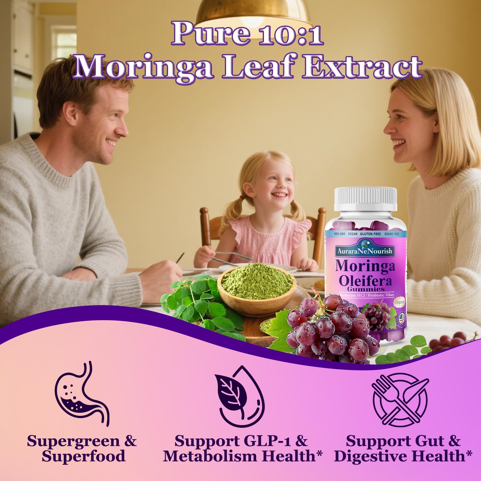 AuraraNeNourish Organic Moringa Oleifera Gummies for Women & Men, 8-in-1 Superfood Blend w. Berberine HCl & Moringa Leaf Extract for GLP-1 Support & Energy Immune Joint & Gut Health Sugar-Free AuraraNeNourish uk supplements