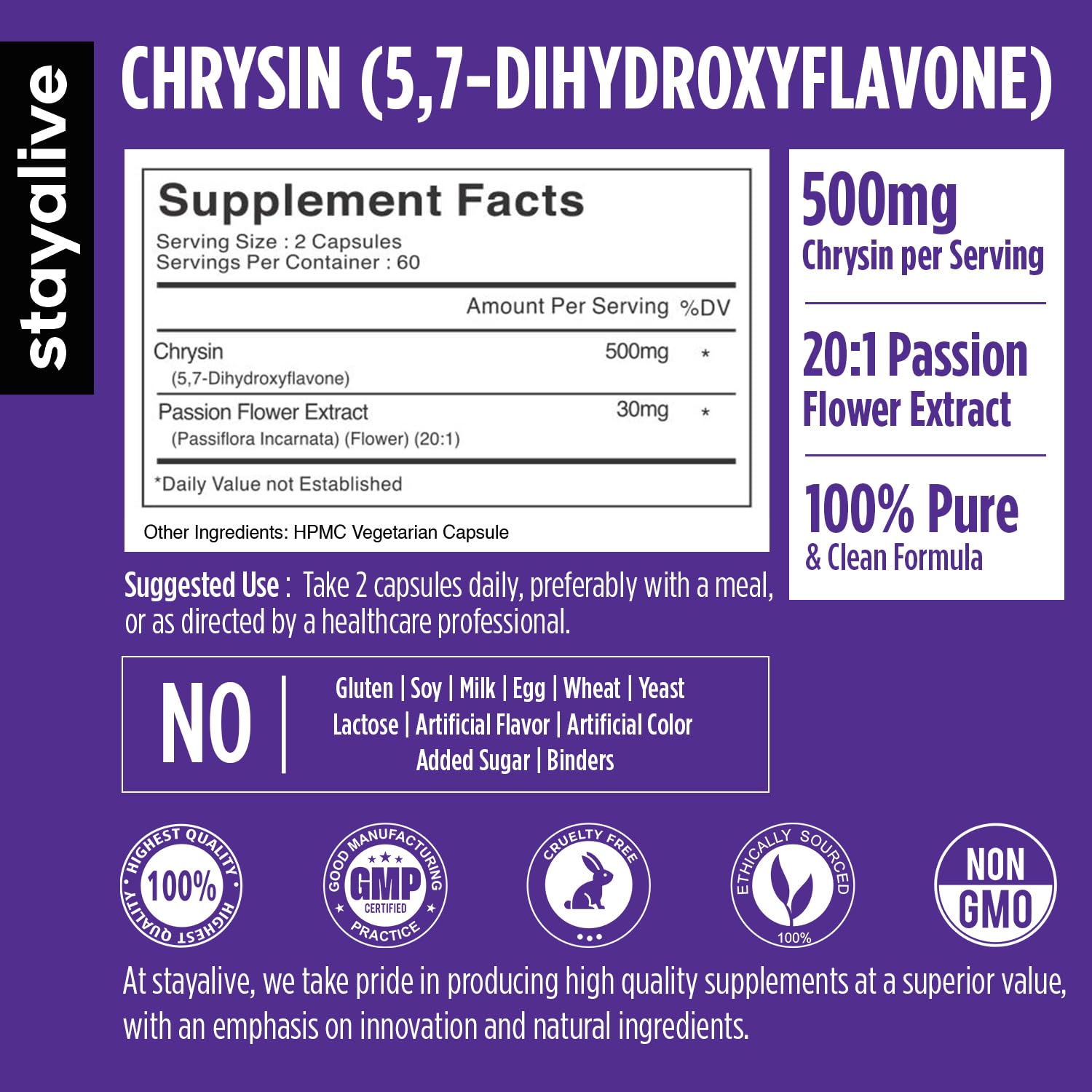 STAY ALIVE Chrysin Supplement 500mg & Passion Flower Extract Powder, 5,7-Dihydroxyflavone, Non-GMO and Gluten-Free Chrysin for Men and Women, 120 Capsules STAY ALIVE uk supplements