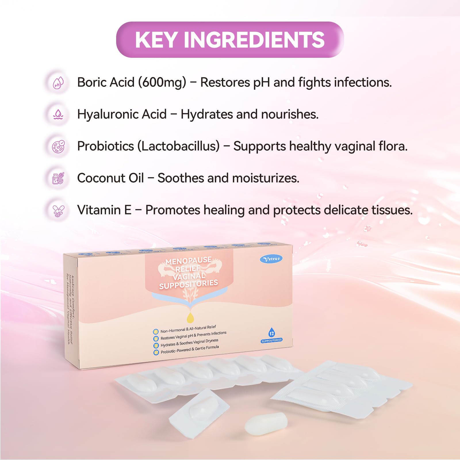Vetrue Menopause Relief Vaginal Suppositories, Non-Hormonal, All-Natural Formula with Boric Acid, Hyaluronic Acid, Probiotics, Coconut Oil & Vitamin E, Soothes Vaginal Dryness & Discomfort(12 Inserts) vetrue uk supplements