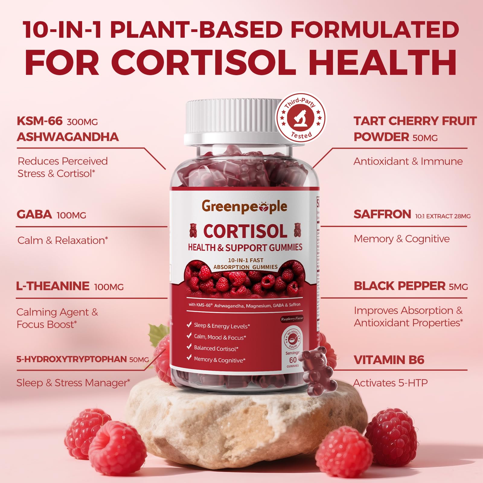 GREENPEOPLE Cortisol Supplements for Women & Men - Cortisol Reducer Detox Manager w/KSM-66 Ashwagandha/Magnesium/L-theanine/GABA/Vitamin B6 for Mood/Sleep/Stress Relief 60 CT Raspberry Flavor Gummies GREENPEOPLE uk supplements