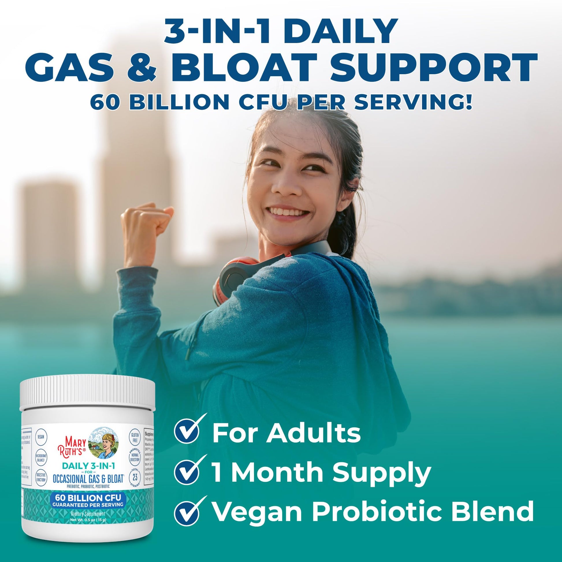 MARYRUTH'S 3-in-1 Gas & Bloat Probiotic Powder | Probiotics for Normal Digestive Function | Probiotics for Women & Men | Prebiotics & Postbiotics | 60 Billion CFU | 23 Unique Strains | 0.5 oz MARYRUTH'S uk supplements