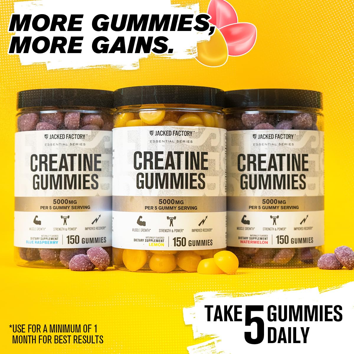 Jacked Factory Creatine Gummies 5g Daily Dose (1g per Gummy) - Creatine Gummy for Men and Women, Vegan-Friendly, Travel-Friendly, Third-Party Tested - 150 Gummies, Blue Raspberry Jacked Factory uk supplements