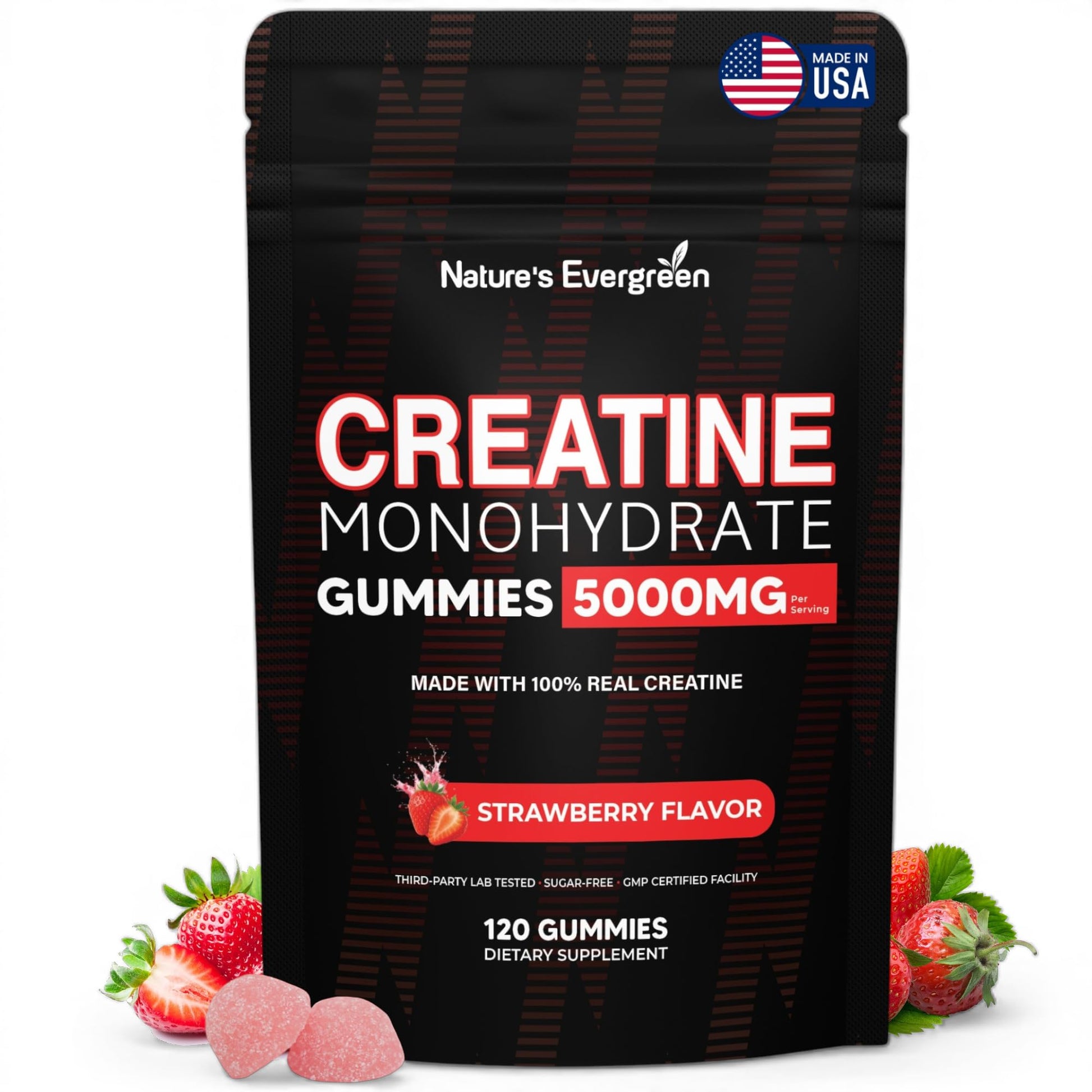 Creatine Monohydrate 5000mg Gummies, Pre-Workout 5g Creatine Gummy Supplement for Men & Women: Muscle Builder & Energy Boost, Sugar Free, Vegan, Strawberry Flavor, (120 Count) Made in USA Nature's Evergreen uk supplements
