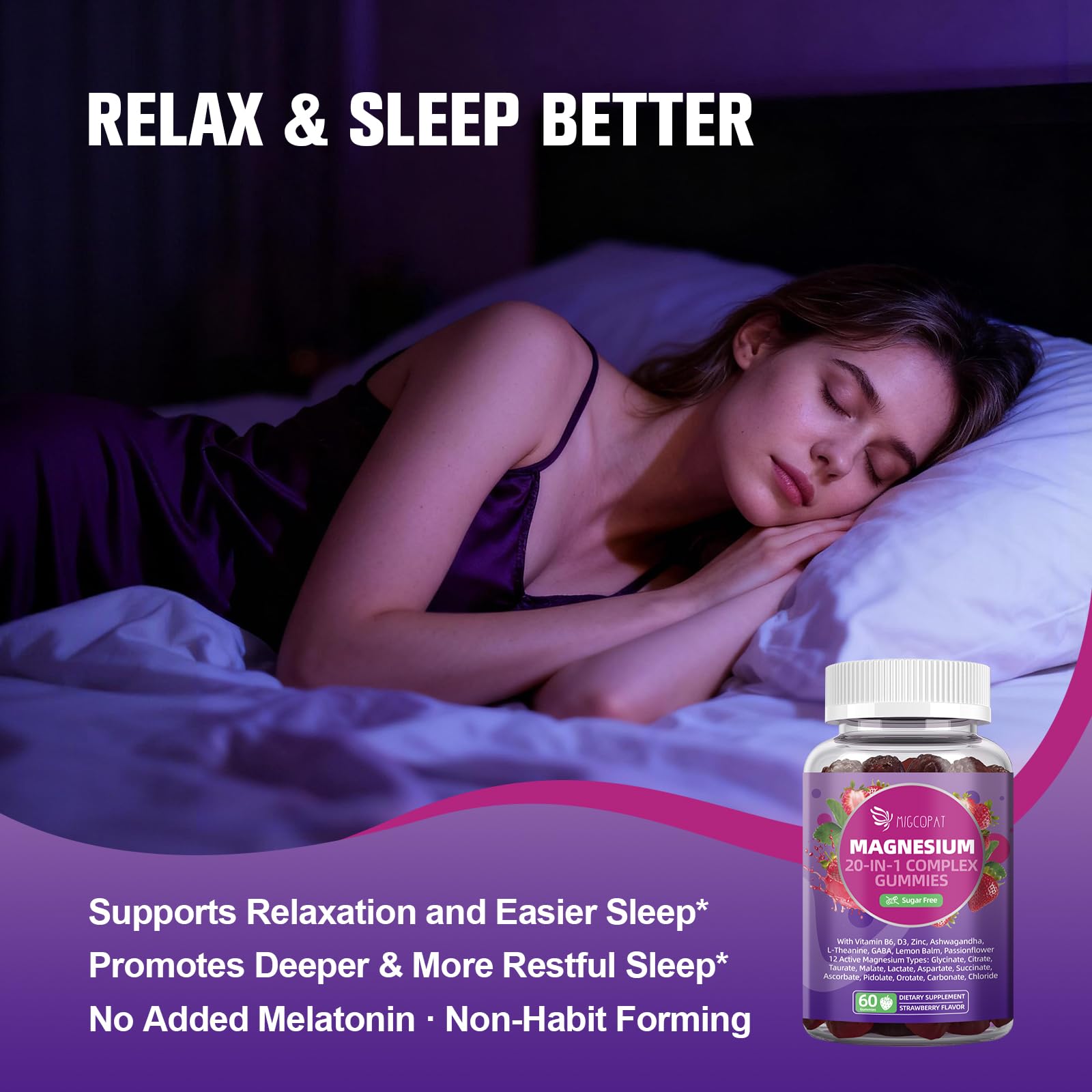 Migcopat Magnesium Complex Gummies, 20 in 1 Magnesium Gummy with Glycinate Citrate Malate Taurate - Ashwagandha, L-Theanine, D3&Zinc for Relaxation, Sleep, Muscle&Heart Support, Strawberry, 60 Cts Migcopat uk supplements