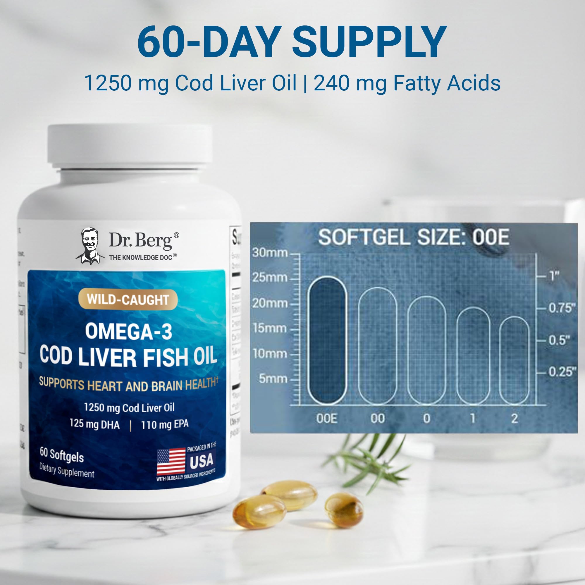 Dr. Berg Omega-3 Cod Liver Fish Oil 60 Softgels – Wild-Caught Icelandic Cod – Omega 3 EPA & DHA – Heart, Brain, Immune & Eye Support* – Lemon Flavor – 4X Lab-Tested – Non-GMO, No Fillers Dr. Berg Nutritionals uk supplements