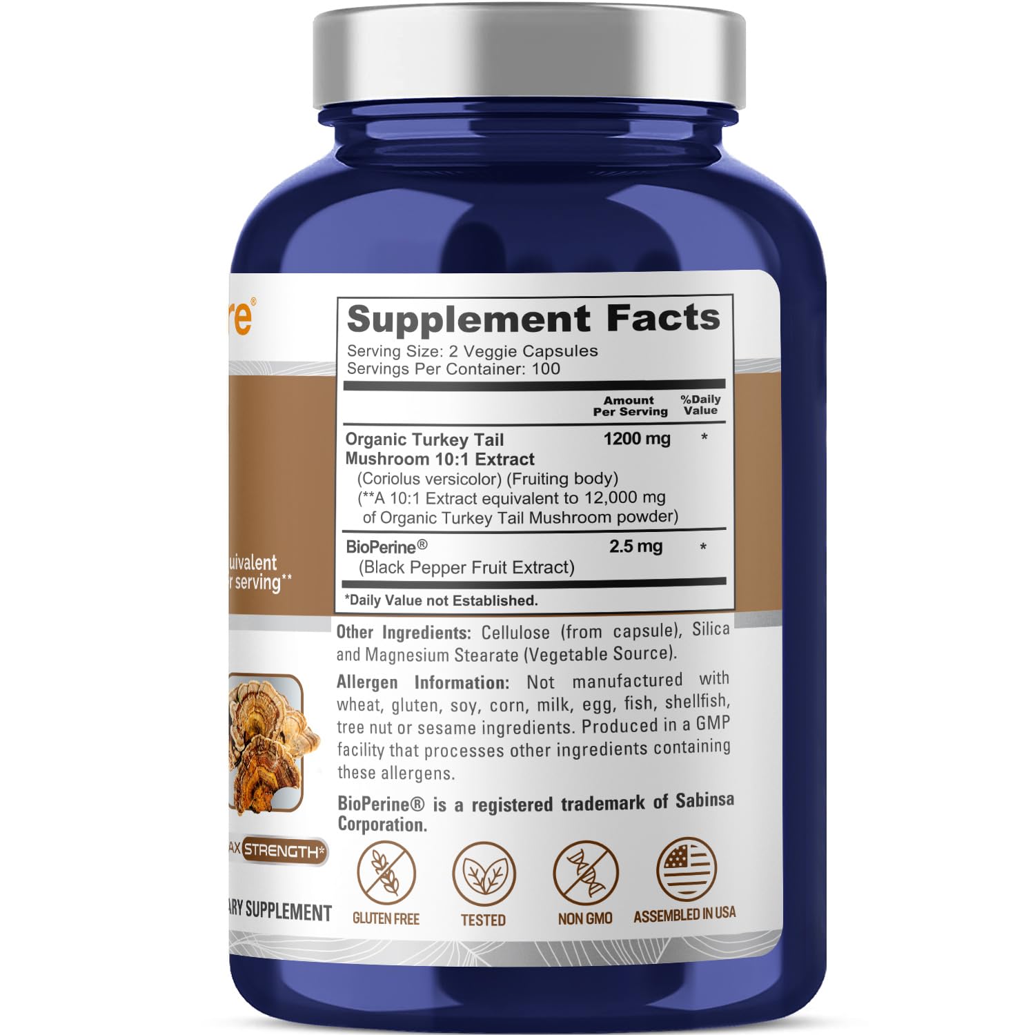 NusaPure Turkey Tail Mushroom Capsules, 10:1 Extract, 1200 mg Equivalent to 12,000mg, 200 Vcaps, Non-GMO, Gluten Free, Bioperine NusaPure uk supplements