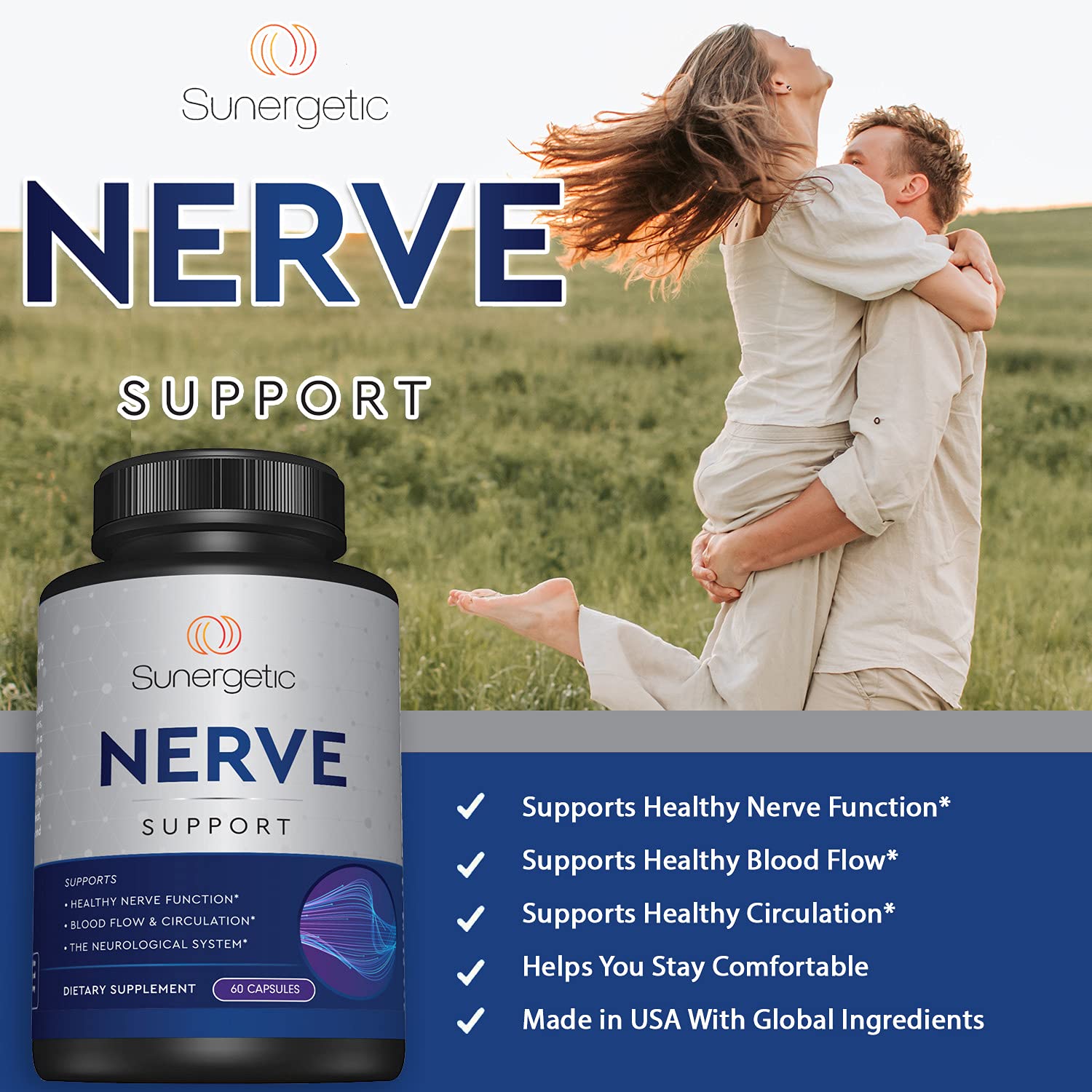 Premium Nerve Support Supplement – with Alpha Lipoic Acid (ALA) 600 mg, Acetyl-L-Carnitine (ALC) & Benfotiamine - Nerve Support Formula for Healthy Circulation, Feet, Hands & Toes - 60 Capsules Sunergetic uk supplements