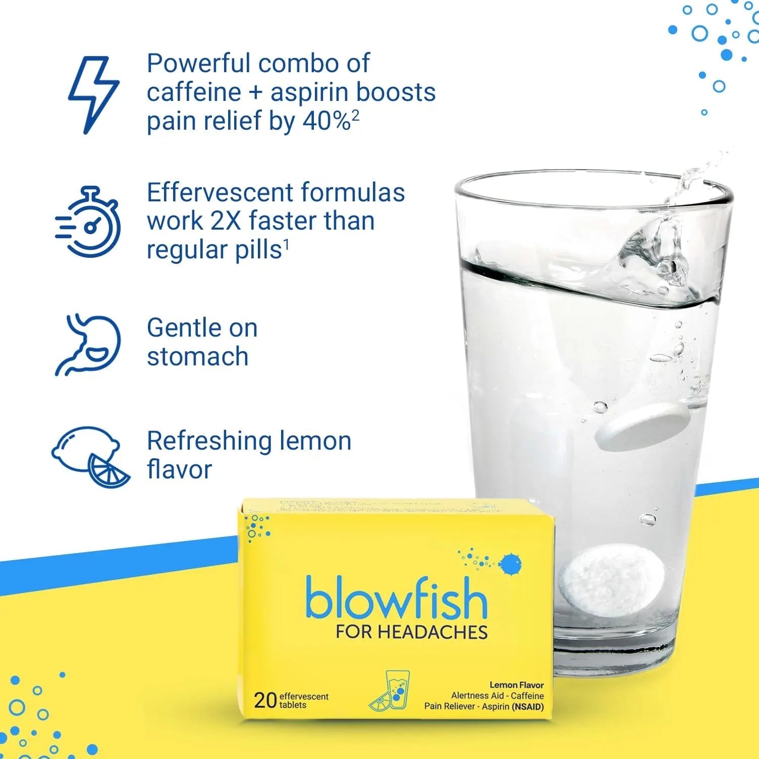 Blowfish for Headaches | Maximum Strength Effervescent Pain Relief Tablets – Treats Headaches Fast, 2X Faster Than Pills – Lemon Flavor (2 Pack) Blowfish uk supplements