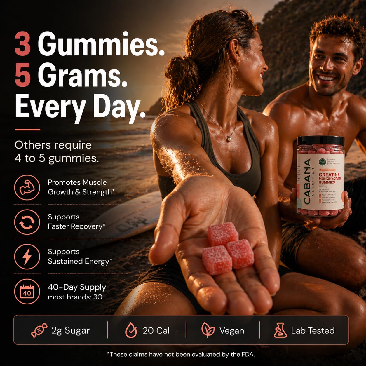 Creatine Monohydrate Gummies 5g - Only 2g Sugar, Made in USA - Sour Watermelon Flavor - Vegan & 3rd Party Tested - Pre & Post Workout Supplement for Women and Men (120 Count, 40 Servings) Cabana Nutrition uk supplements