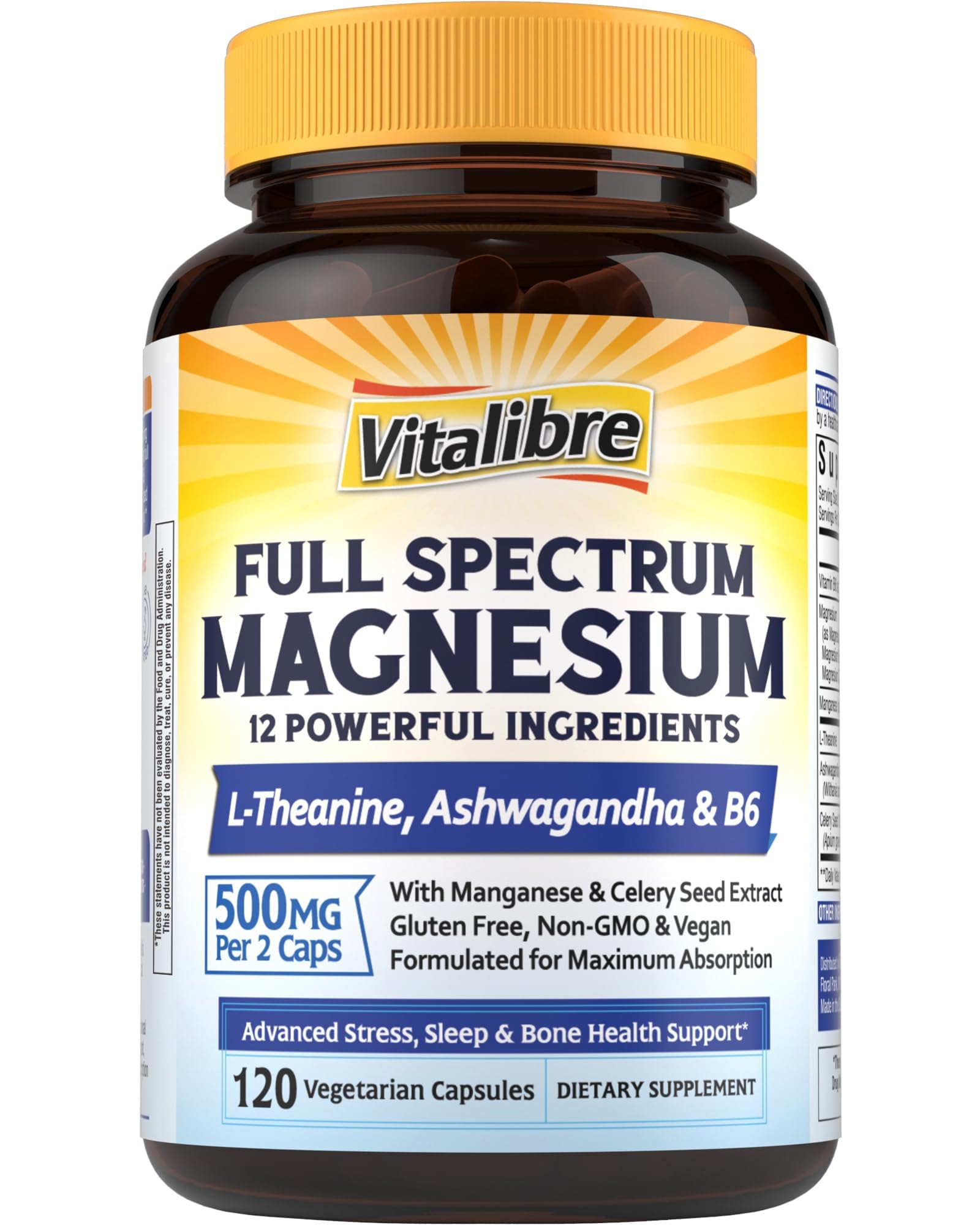 Vitalibre Magnesium Complex Supplement 500mg + Ashwagandha, L-Theanine, Vitamin B6 & Celery, High Absorption Magnesium Glycinate, Citrate, Malate, Sleep & Bone Support, 120 Vegan Capsules Vitalibre uk supplements