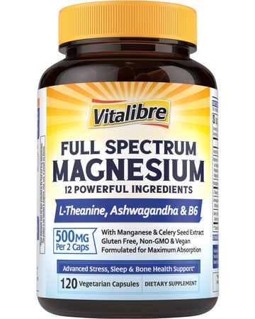 Vitalibre Magnesium Complex Supplement 500mg + Ashwagandha, L-Theanine, Vitamin B6 & Celery, High Absorption Magnesium Glycinate, Citrate, Malate, Sleep & Bone Support, 120 Vegan Capsules Vitalibre uk supplements