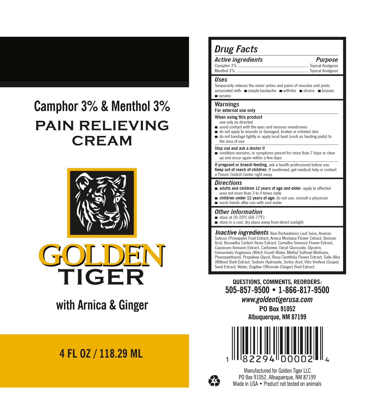 Golden Tiger Pain Relief Cream - 4 oz Tube Golden Tiger uk supplements