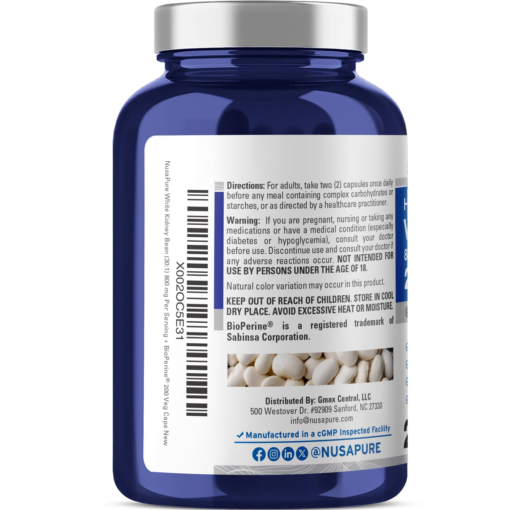 NusaPure White Kidney Beans 30:1 Extract, 800 mg Equivalent to 24,000 mg 200 Vegan Capsules - Bioperine - (Vegan, Non-GMO) NusaPure uk supplements