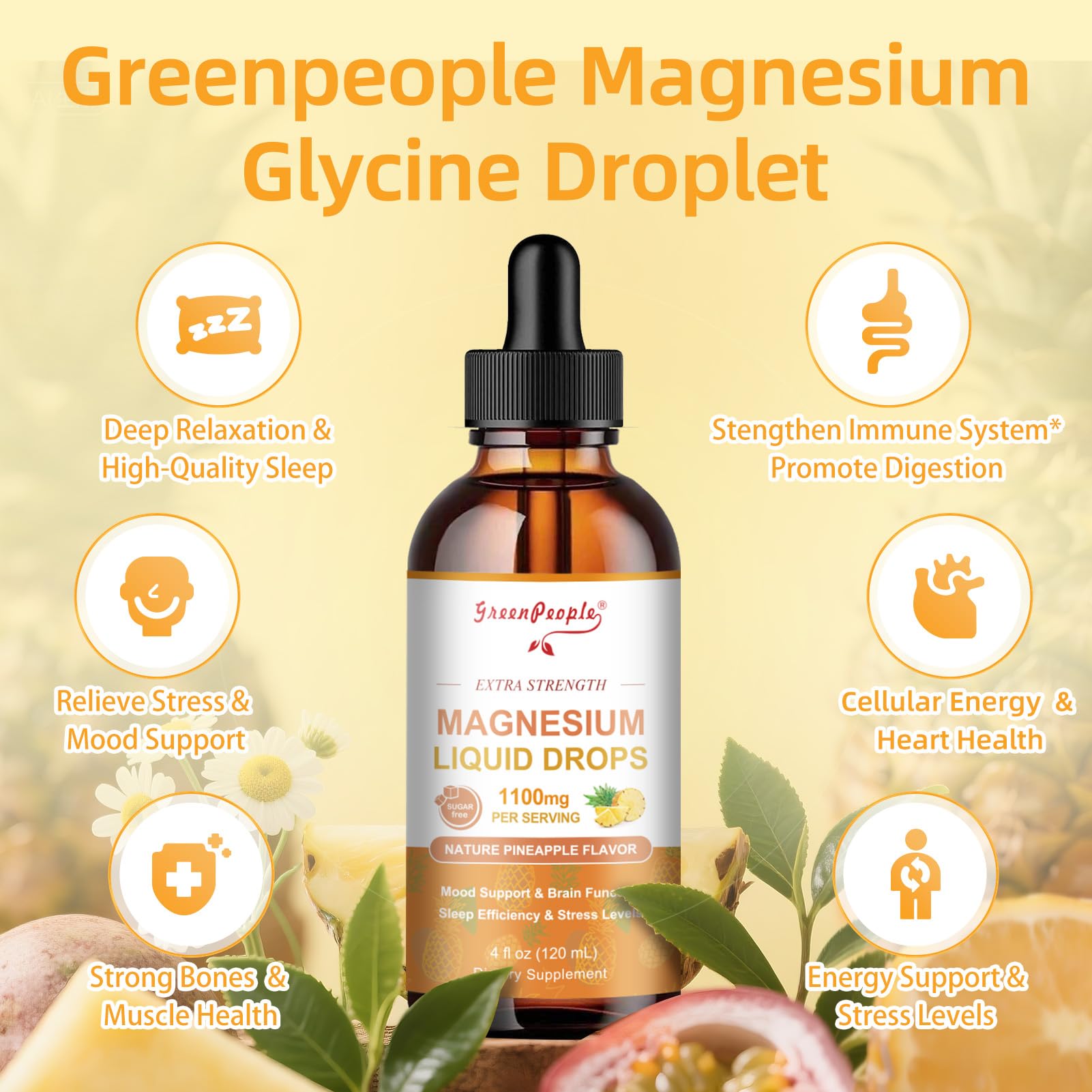 GREENPEOPLE Magnesium Glycinate Liquid Drop - 17-in-1 4Fl. Oz Triple Magnesium Complex Supplement with Glycinate 400mg & Citrate 500mg Taurate/L-Theanine for Calm Mood/Muscle/Sleep,Pineapple Flavor GREENPEOPLE uk supplements