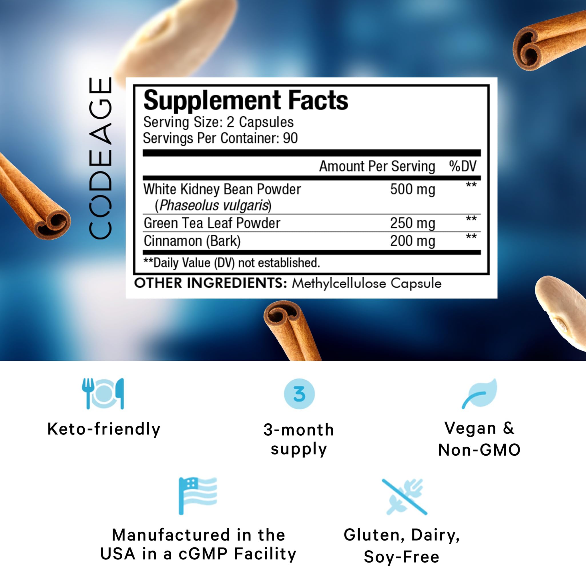 Codeage Keto Carb, White Kidney Bean, Green Tea & Cinnamon Bark Supplement, Triple Action Keto Cheat Vegan Pills, Ketogenic, Low Carb Diet Sugar, 3 Months Supply, Non-GMO, Gluten-Free, 180 Capsules Codeage uk supplements