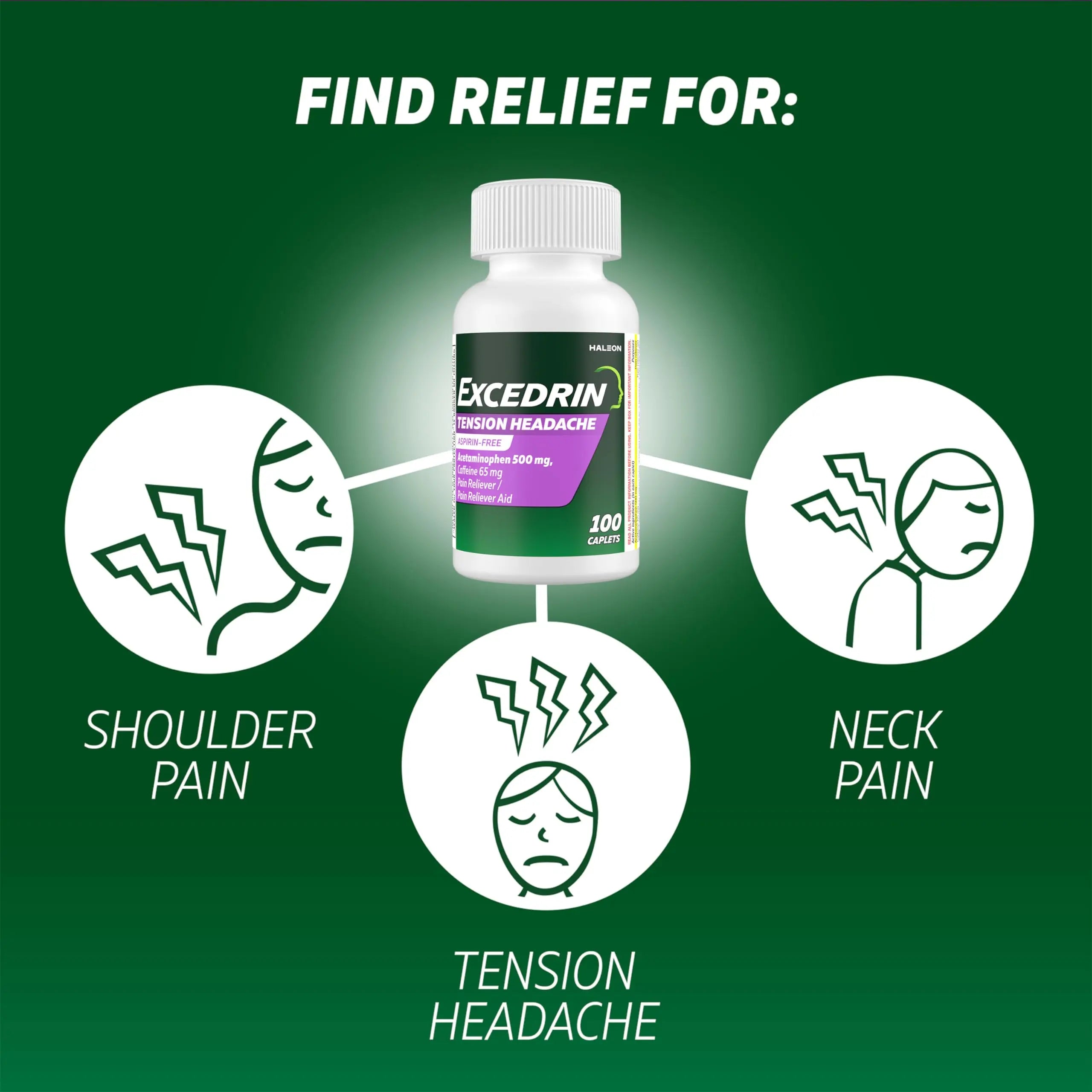 Excedrin Tension Headache Relief Caplets, Acetaminophen 500mg, Caffeine 65mg, Pain Reliever, Aspirin-Free, 100 Count Excedrin uk supplements