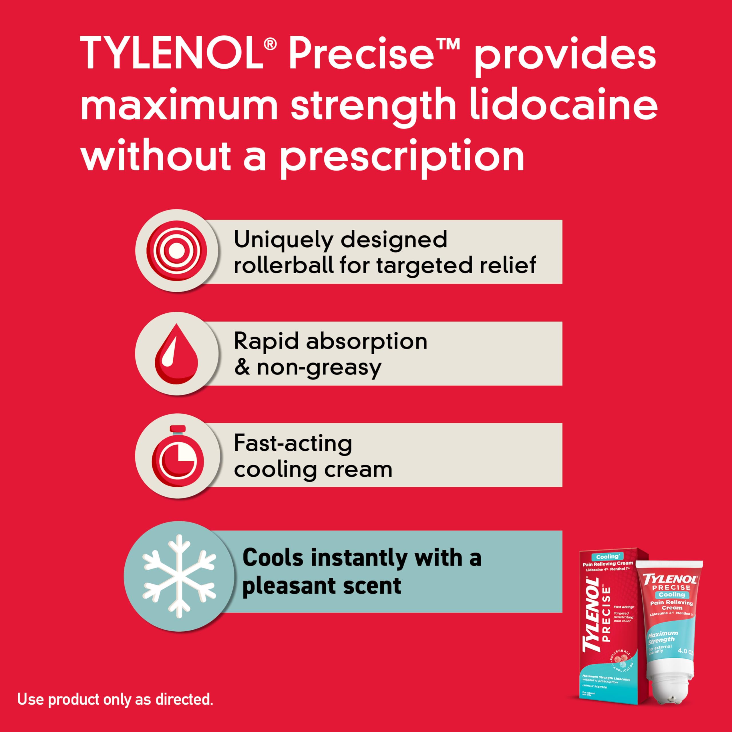 Tylenol Precise Cooling Cream, Strong Pain Relief with Fast-Acting Sensation, 4% Lidocaine, 1% Menthol, Maximum OTC Strength Relief for Back, Muscle & Joint, Numbing Cream Rollerball Applicator, 4 oz Tylenol uk supplements