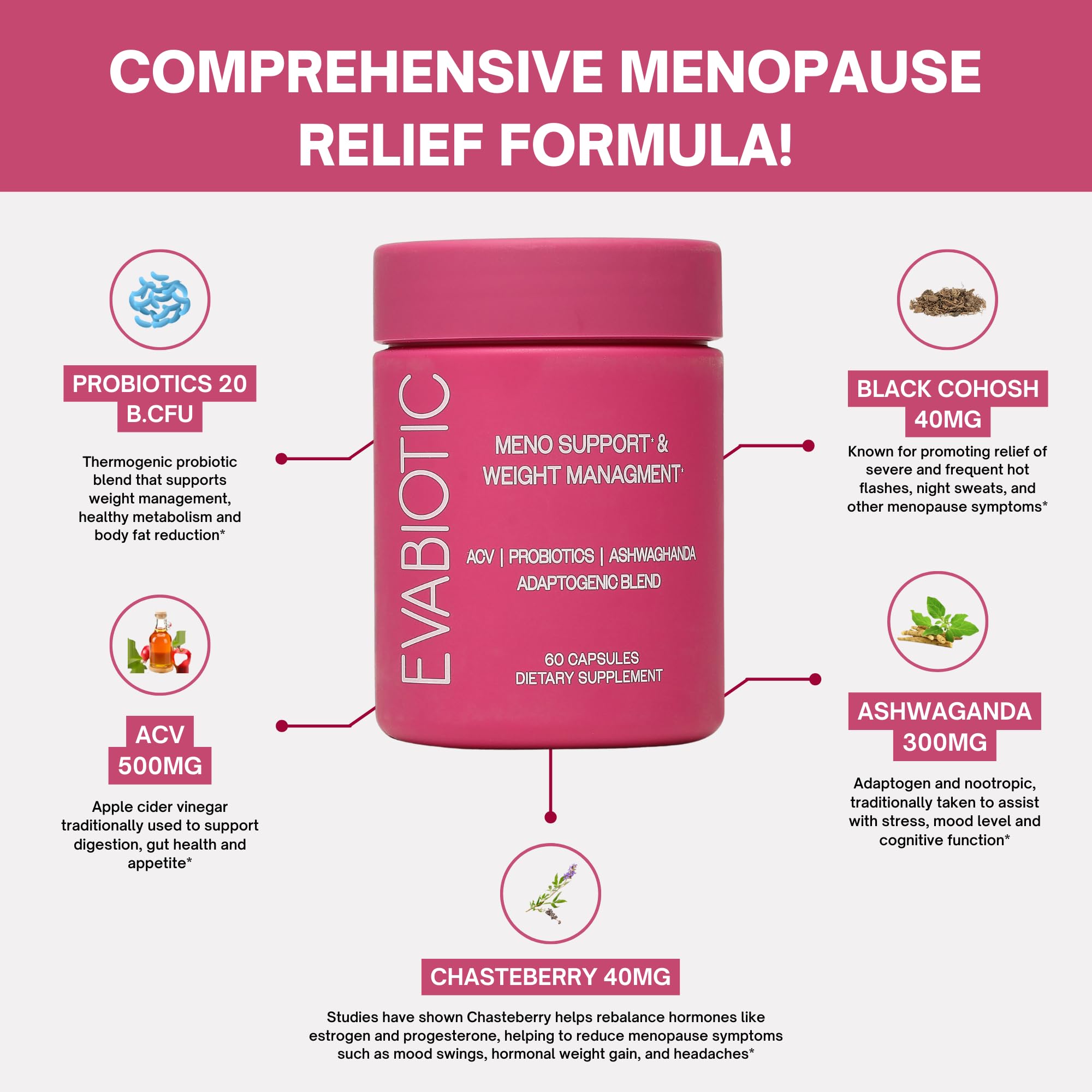 Complete Menopause Vitamins - Ashwaghanda, Probiotics, ACV for Weight Management, Hot Flashes, Night Sweats, Bloat, Hormone Balance - Vegan 60 Caps Menopause Supplements for Women Non-GMO EVABIOTIC uk supplements