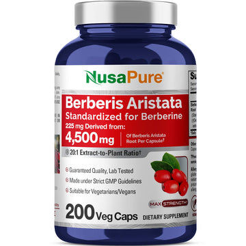 NusaPure Berberine HCI 20:1 Extract, 225 mg Equivalent to 4,500mg - 200 Veggie Caps - (Vegetarian, Non-GMO, Vegan) NusaPure uk supplements