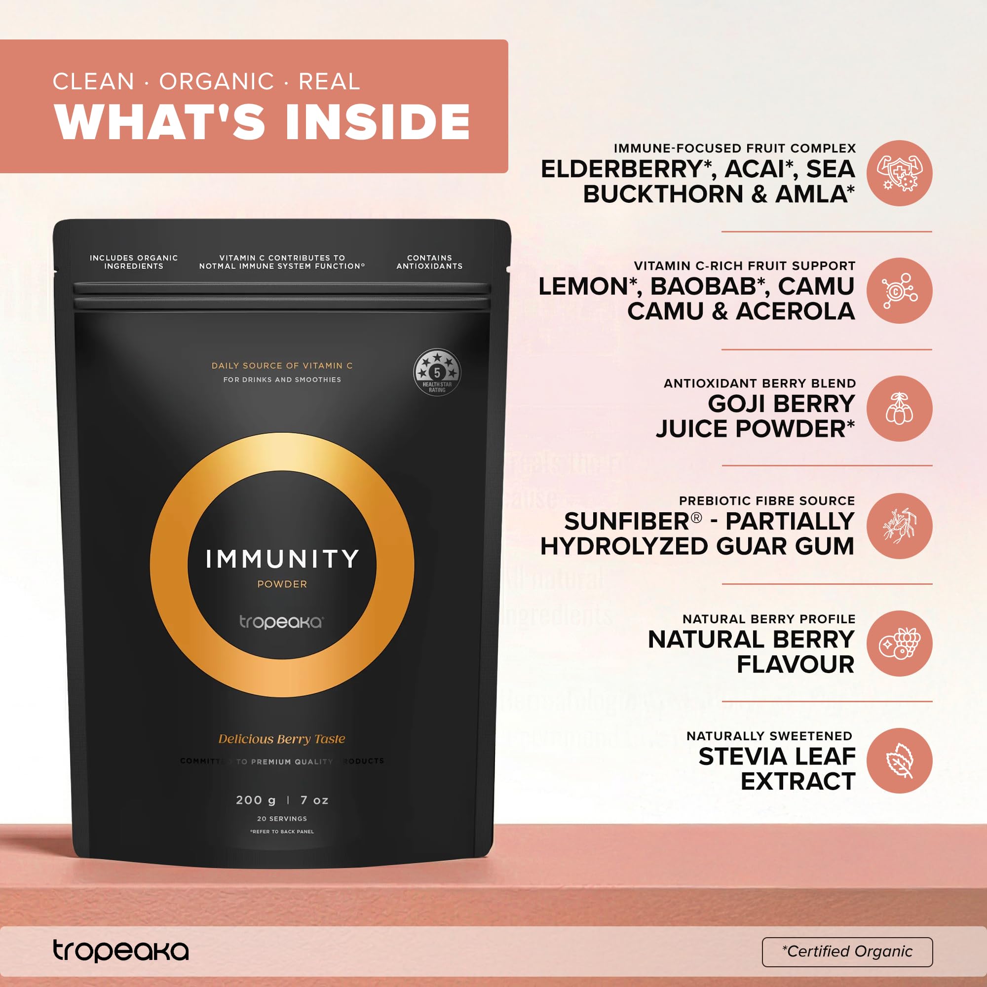 Tropeaka Immunity Powder - Immune Support Supplement, Antioxidant Rich Superfood Powder with Vitamins & Minerals, Boost Energy & Collagen Production - Vegan, Gluten Free, Non-GMO - 7oz (20 Servings) Tropeaka uk supplements