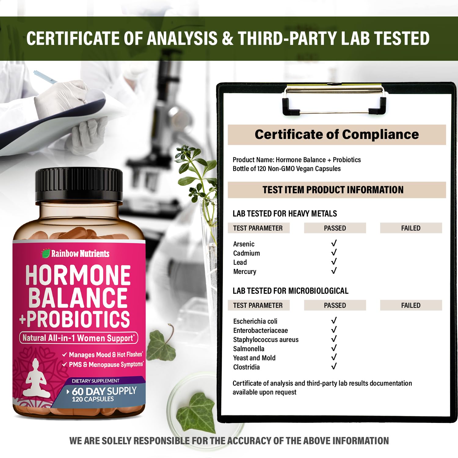 Hormone Balance + Probiotics for Women- Natural Menopause Relief, Weight Management, Bloating, Hot Flashes, PMS | Organic Maca, Chasteberry, Dong Quai & Black Cohosh | Non GMO |120 V Capsules Rainbow Nutrients, LLC uk supplements