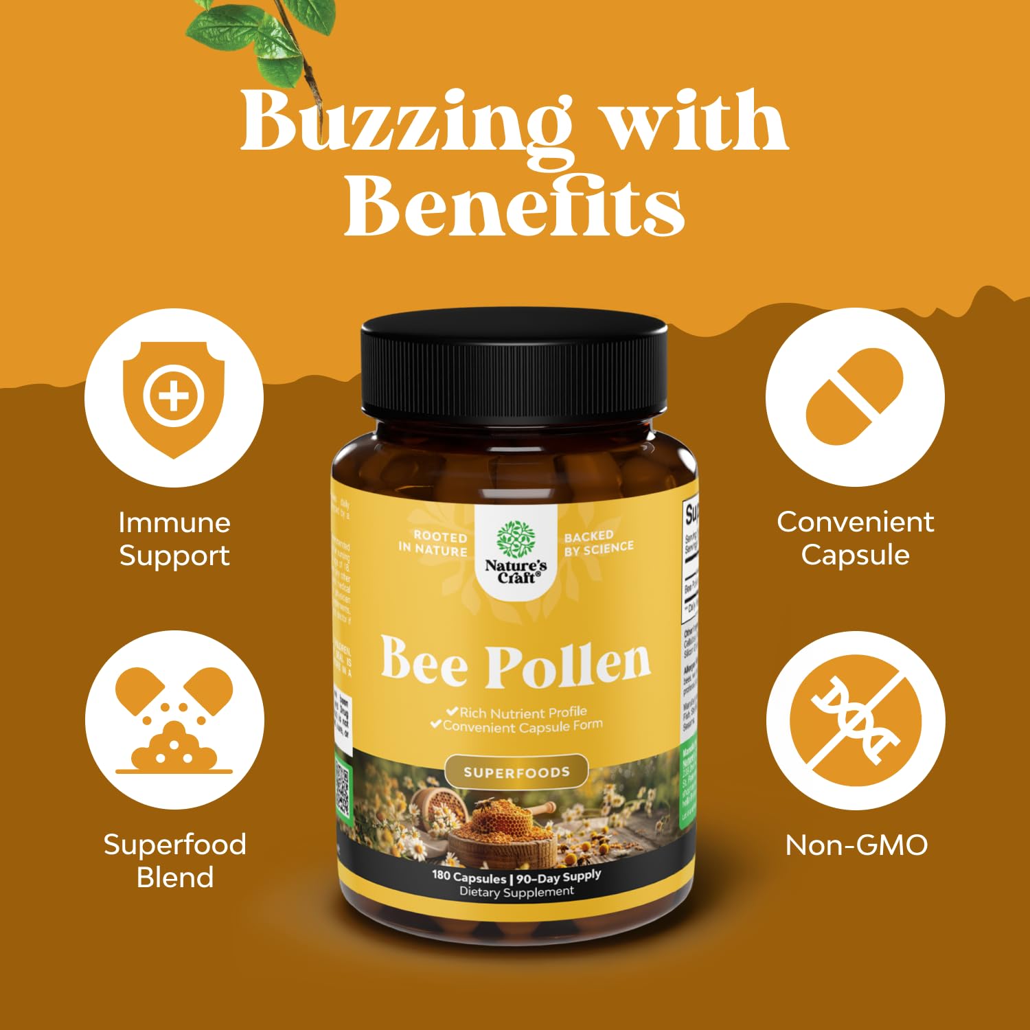 Bee Pollen Pills for Breast Growth 180 Ct - Bee Pollen Supplement 1000mg Serving with Naturally Occurring B Vitamins Minerals & Enzymes - Breast Support Supplement - Vegetarian Non-GMO & Gluten Free Natures Craft uk supplements