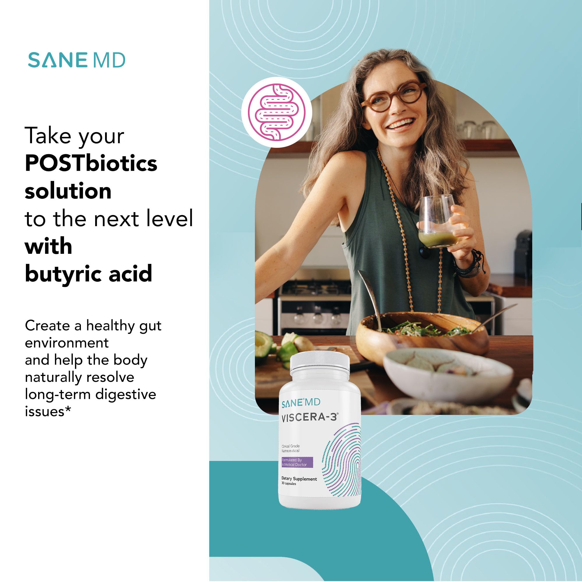 SANE MD - Viscera 3 Postbiotics with Tributyrin - Sodium Butyrate Supplement for Gas and Bloating Relief - Gut Health - IBS & Leaky Gut Butyric Acid Supplement - NSF Certified - 30 Capsules SANE uk supplements