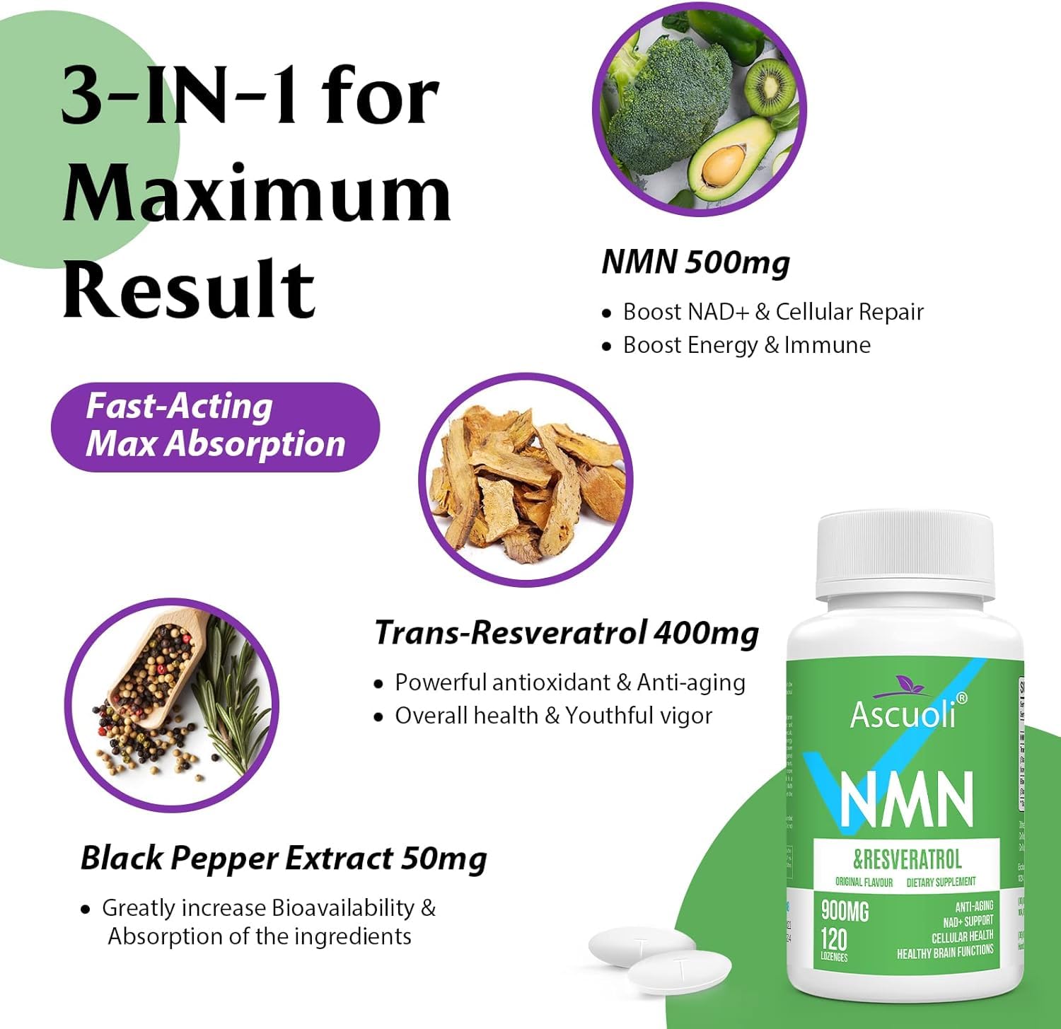 Sublingual NMN 500mg + Trans-Resveratrol 400mg, 3-in-1 Advanced Formula 99% Pure NMN Resveratrol Supplement for Boost* NAD, Cell, Immune, Energy & Muscle, Anti-Aging, 120 Lozenges, 120-Day Supply Ascuoli uk supplements