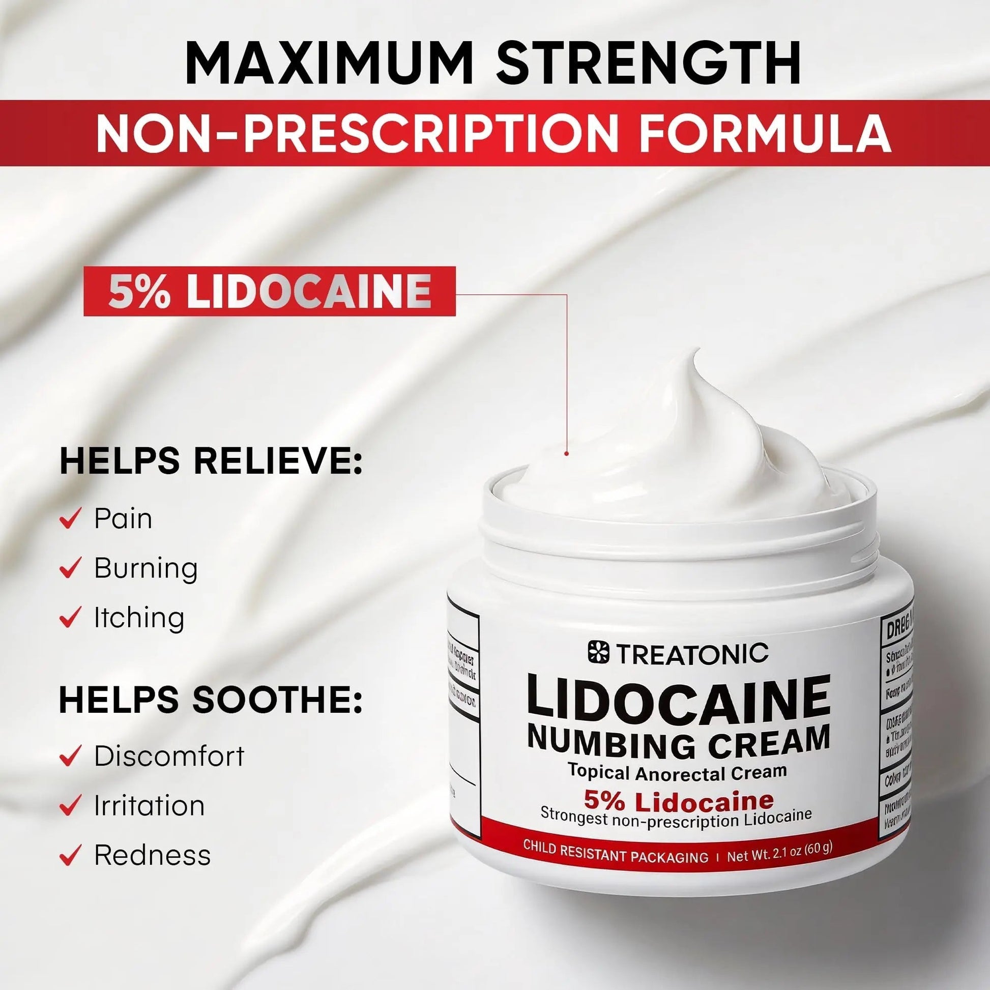 5% Lidocaine Topical Numbing Cream: Maximum Strength Topical Anesthetic Numb Cream for Pain Relief, Itching, Burning, Soreness, Hemorrhoid - Fast Acting & Long Lasting Numbing Formulation - 2.1 oz Treatonic uk supplements