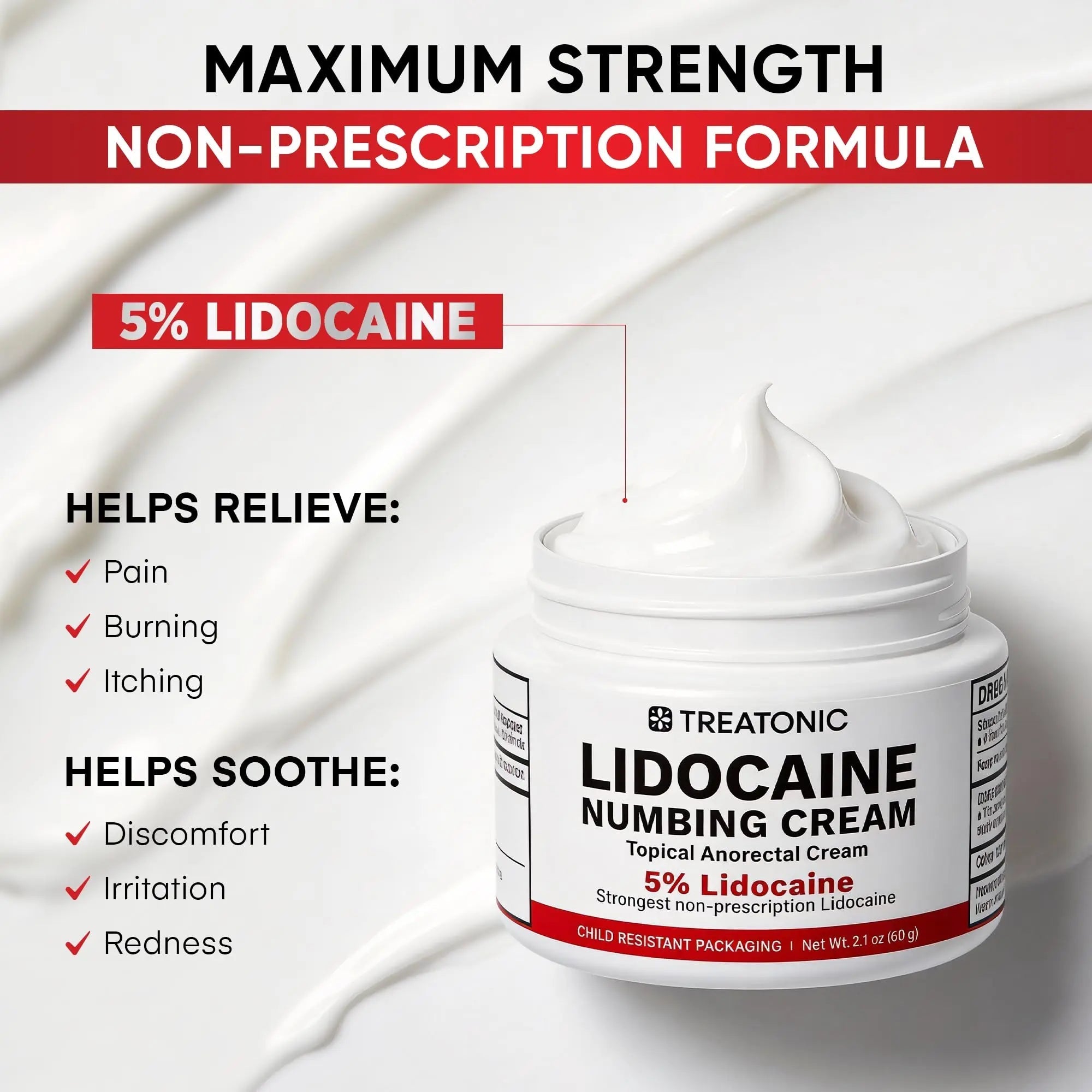 5% Lidocaine Topical Numbing Cream: Maximum Strength Topical Anesthetic Numb Cream for Pain Relief, Itching, Burning, Soreness, Hemorrhoid - Fast Acting & Long Lasting Numbing Formulation - 2.1 oz Treatonic uk supplements