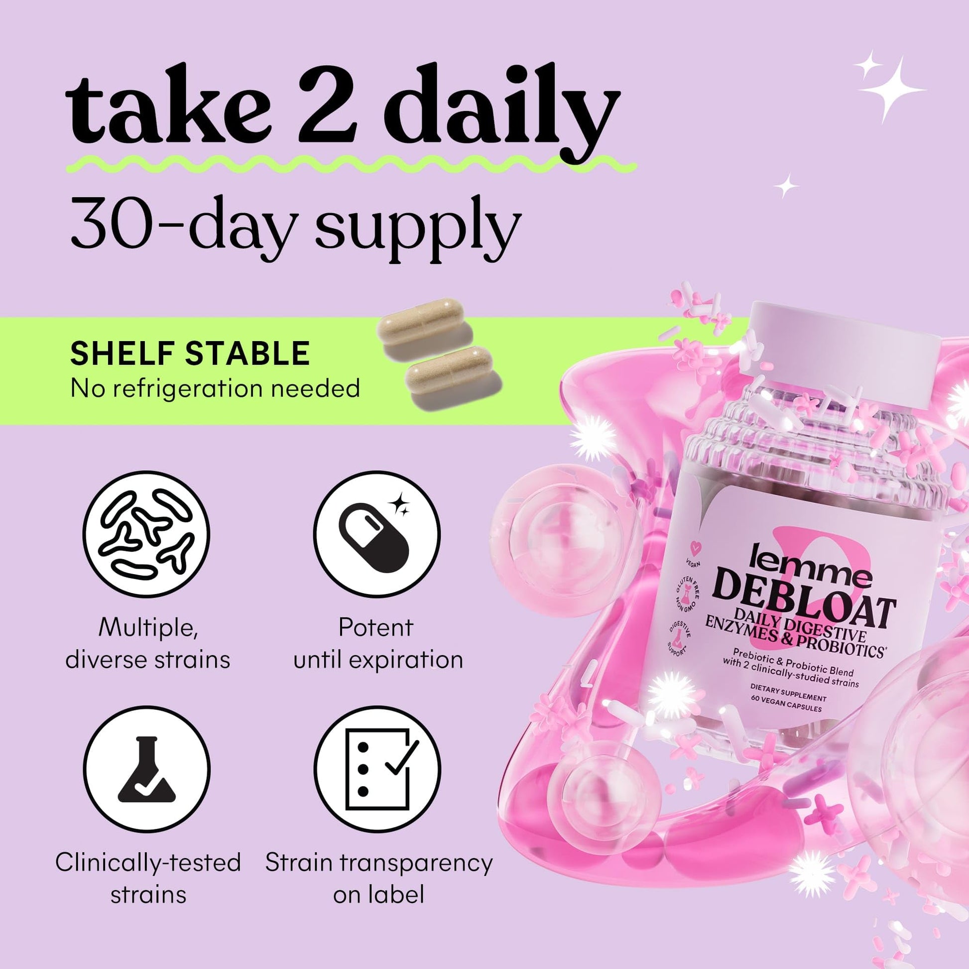 Lemme Debloat 3-in-1 Prebiotic, Probiotic & Digestive Enzyme Capsules for Bloating & Gas Relief - 2 Clinically Studied Probiotics w/5 Digestive Enzymes to Improve Digestion, Women & Men, (60 Count) Lemme uk supplements