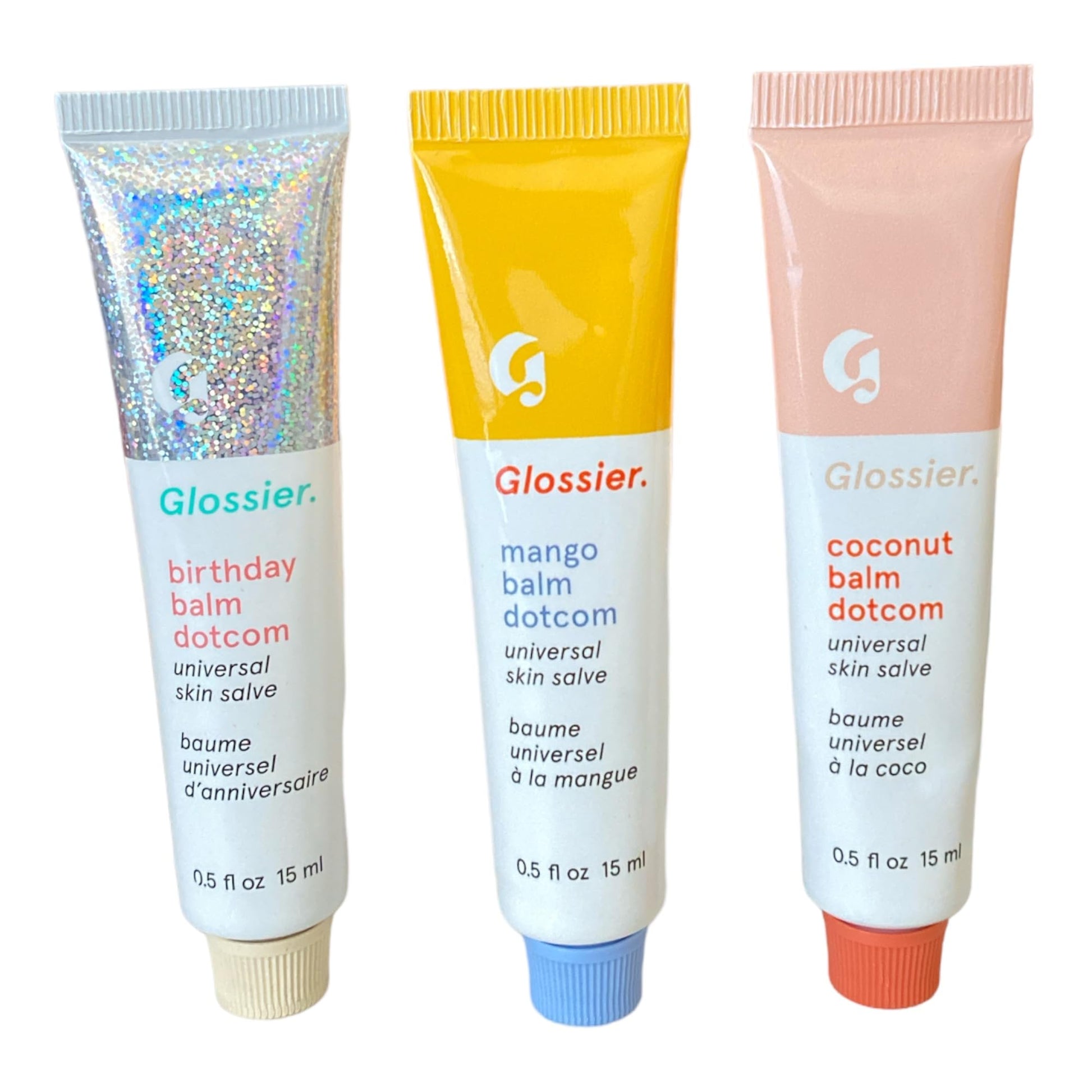 Glossier Balm Dotcom Trio Mango, Birthday, Coconut Size: 0.5 fl oz / 15 ml Glossier uk supplements