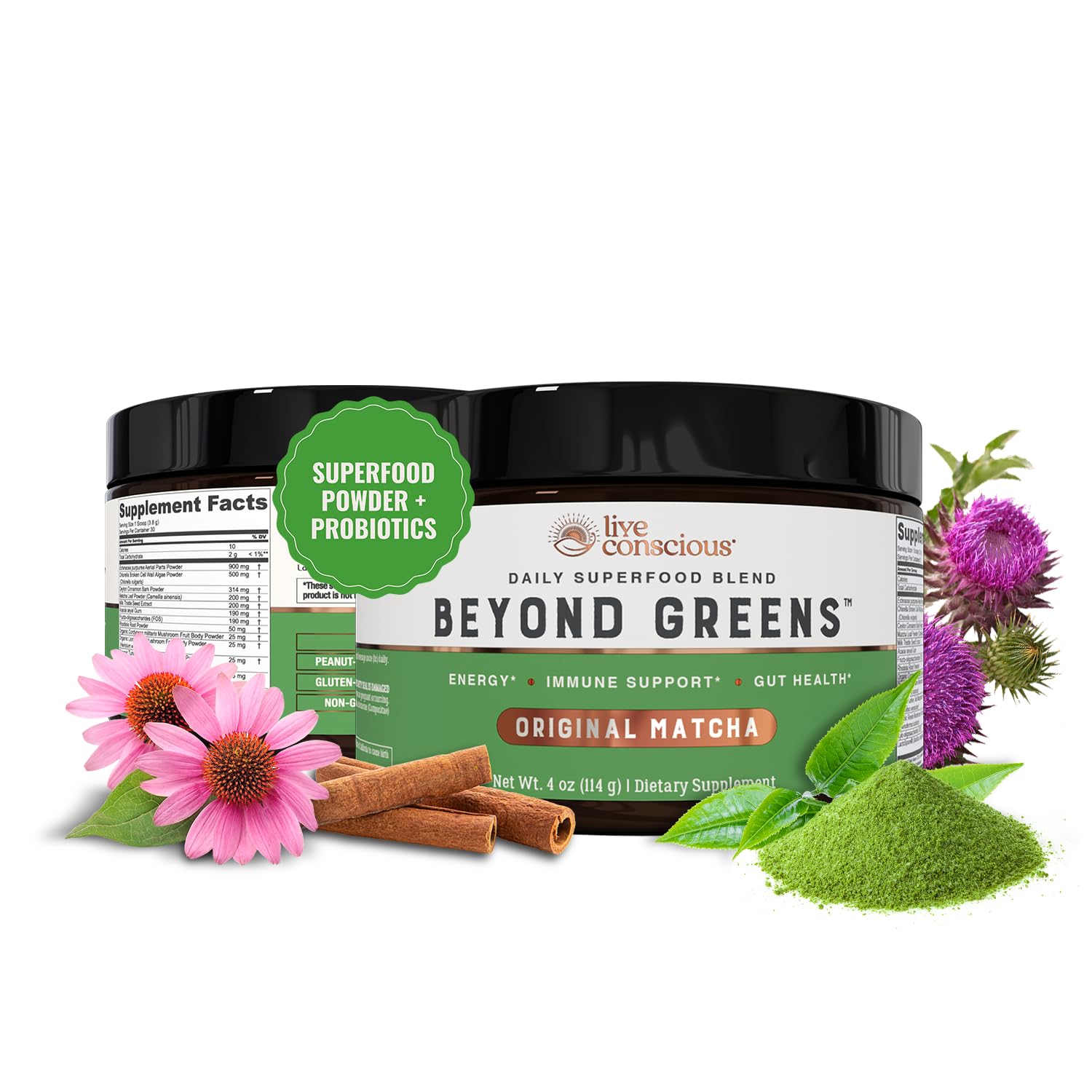Live Conscious Beyond Greens Superfood Powder - Delicious Debloating Super Greens Powder - Matcha Greens Blend w/Chlorella, Echinacea, Probiotics for Immune Support & Energy Live Conscious uk supplements