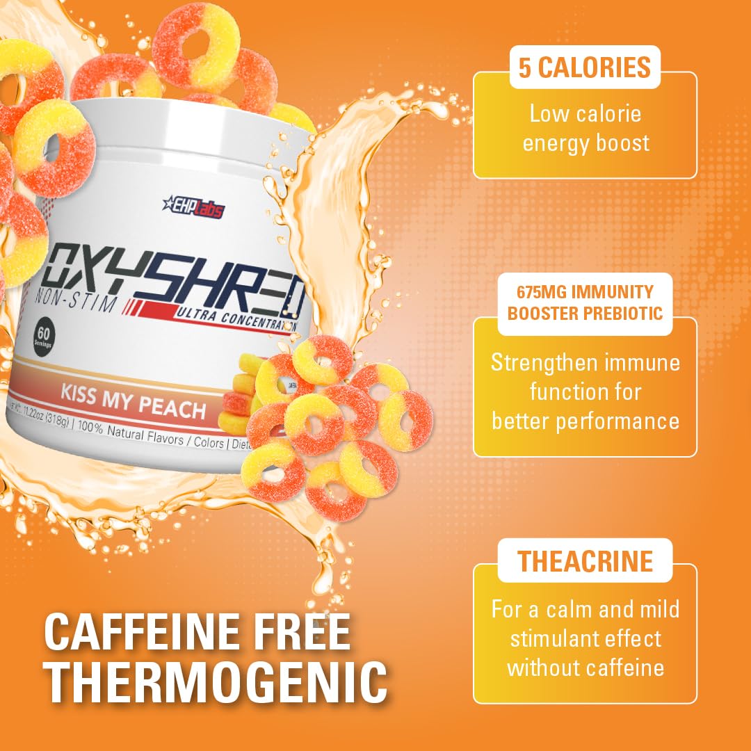 EHP Labs OxyShred Non Stimulant Pre Workout Powder - Stim Free Pre Workout, Caffeine Free Preworkout for Men & Women with L Glutamine & Acetyl L Carnitine - Peach, 60 Servings EHP Labs uk supplements