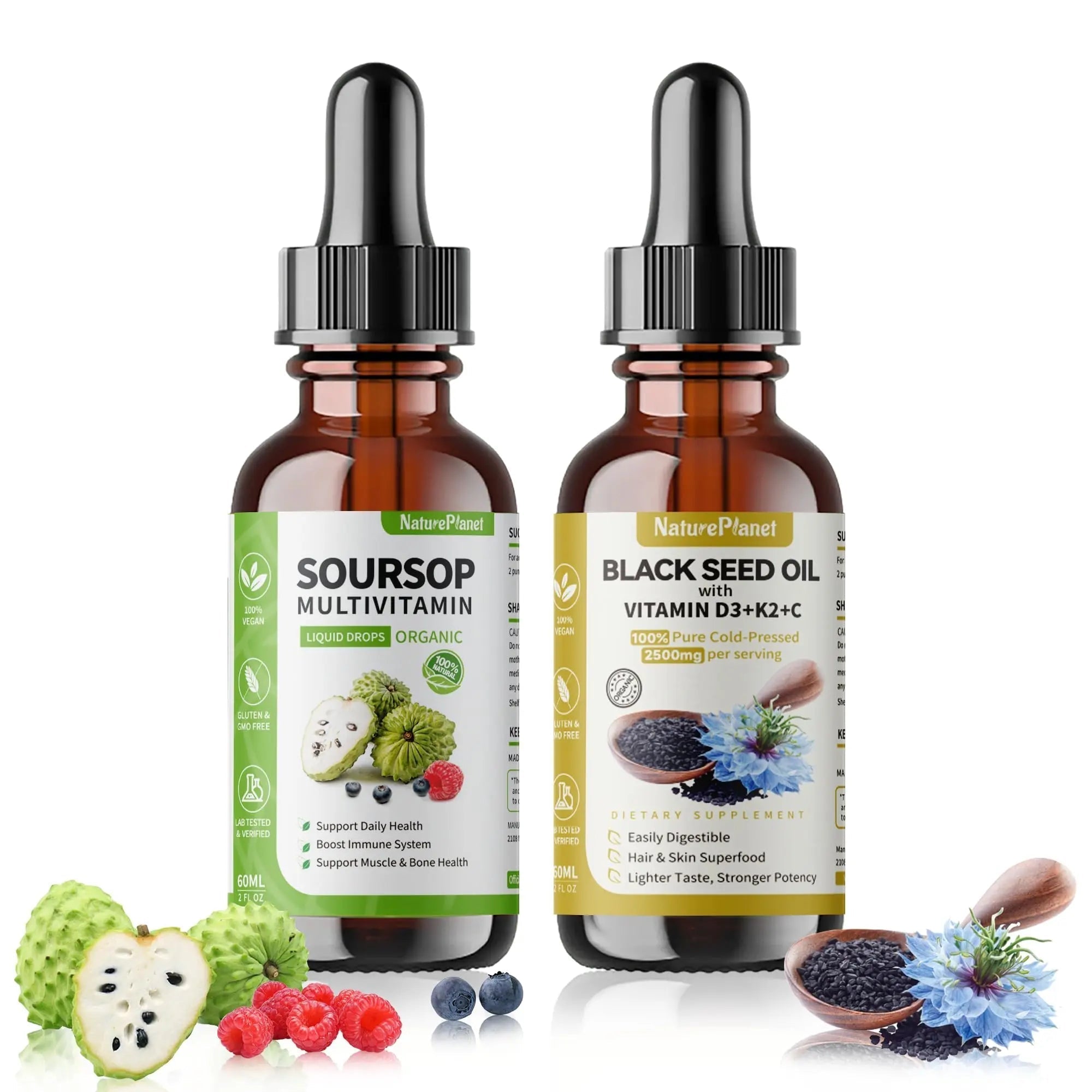 NaturePlanet Organic Soursop Bitters and Black Seed Oil Drops Bundles with Vitamins D3, K2, B6, C | NaturePlanet uk supplements