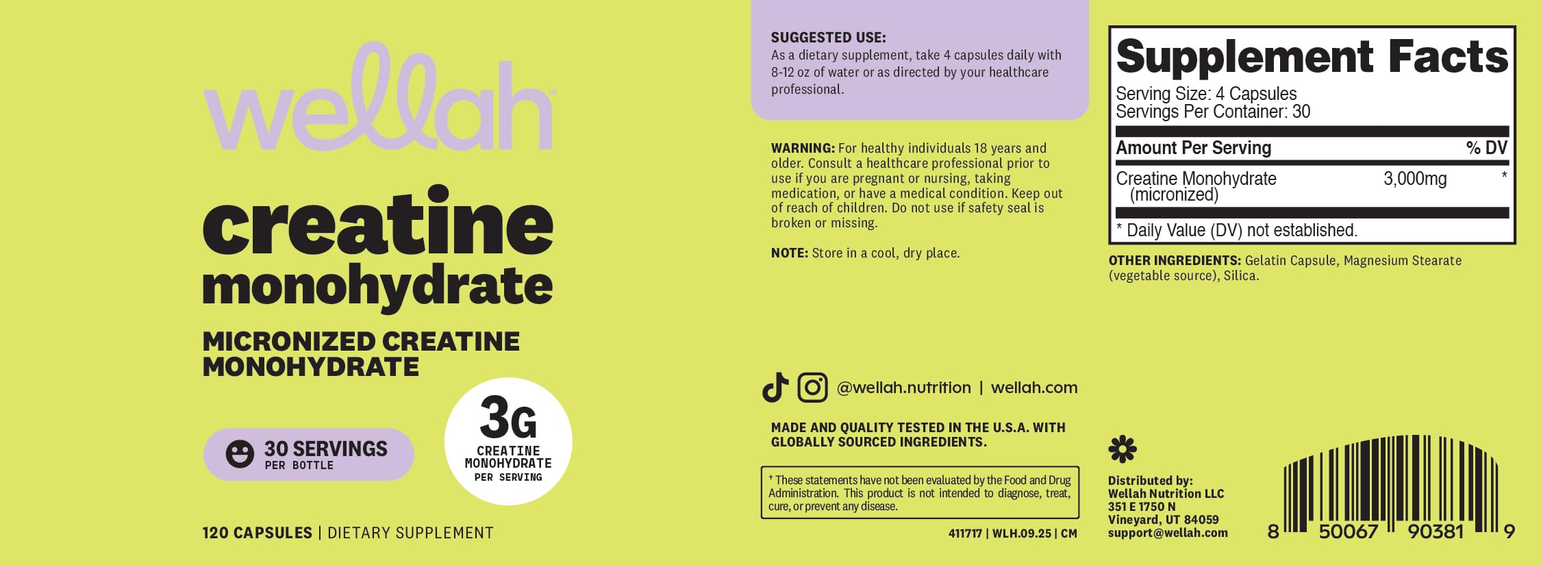 Wellah Creatine Monohydrate Capsules (3000 mg) 120 Capsules - Micronized Creatine, 30 Servings Wellah uk supplements