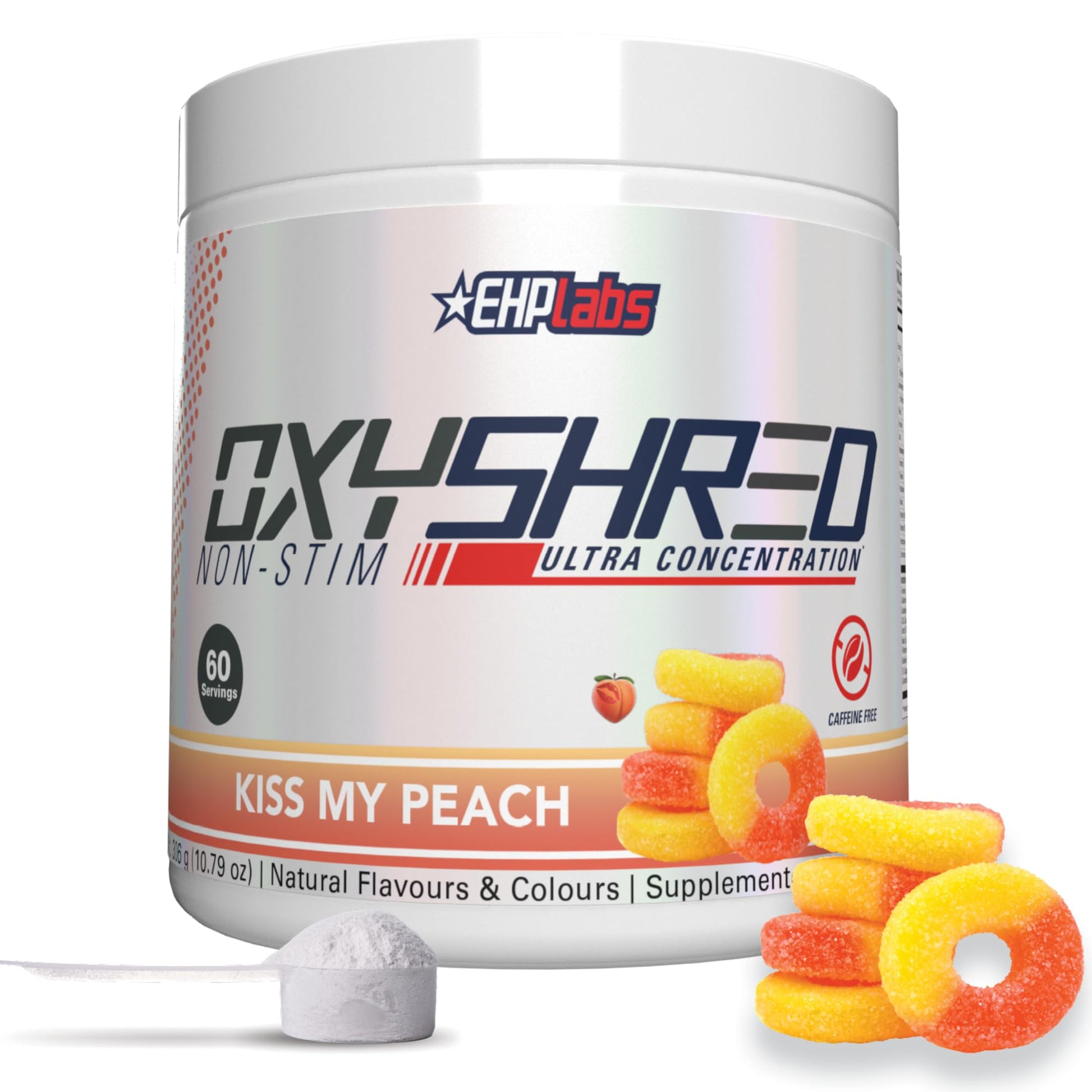 EHP Labs OxyShred Non Stimulant Pre Workout Powder - Stim Free Pre Workout, Caffeine Free Preworkout for Men & Women with L Glutamine & Acetyl L Carnitine - Peach, 60 Servings EHP Labs uk supplements