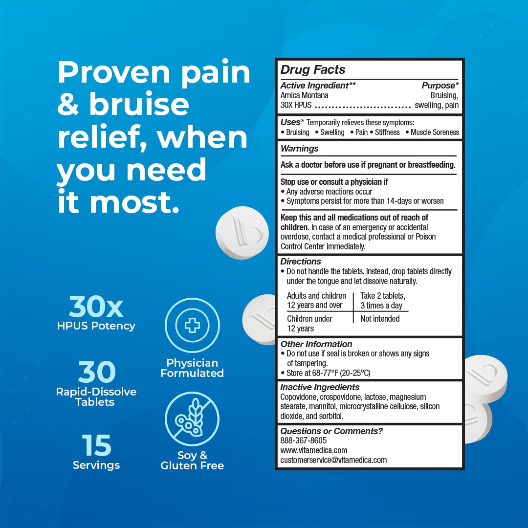 Arnica Montana 30X HPUS, Clinical Grade, Quick Dissolve Tablets, Five-Day Recovery Pack for Pain and Bruise Relief After Surgery or Injury, Natural Healing, Gentle on The Stomach - 30 Count VitaMedica uk supplements