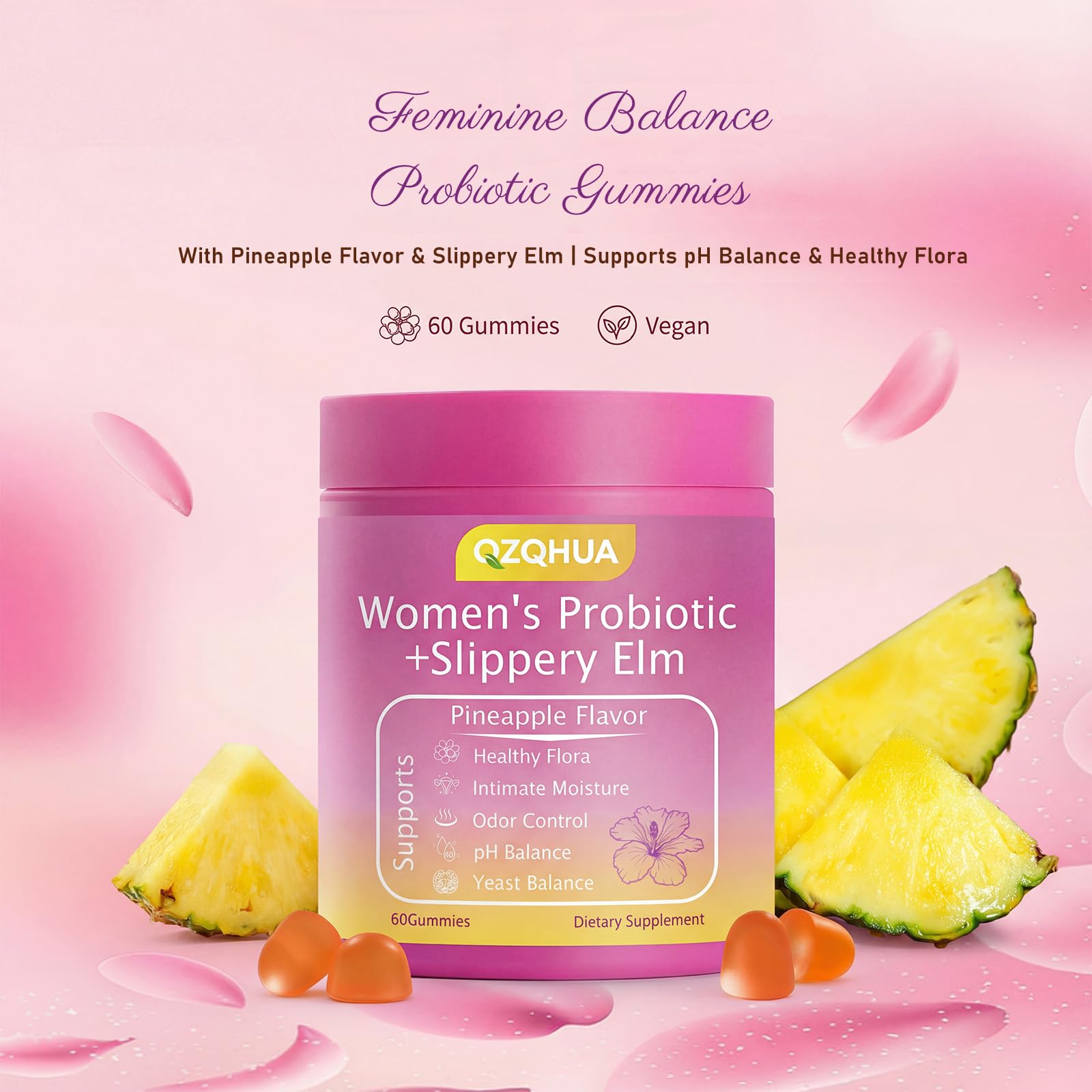 Premium Feminine Balance Gummies for Women - 60 Gummies, Hawaiian Pineapple Flavor - with Probiotics & Vitamin C - Supports Feminine Wellness & Healthy Balance - Gluten Free, Vegan（30 Servings）（Q2） QZQHUA uk supplements