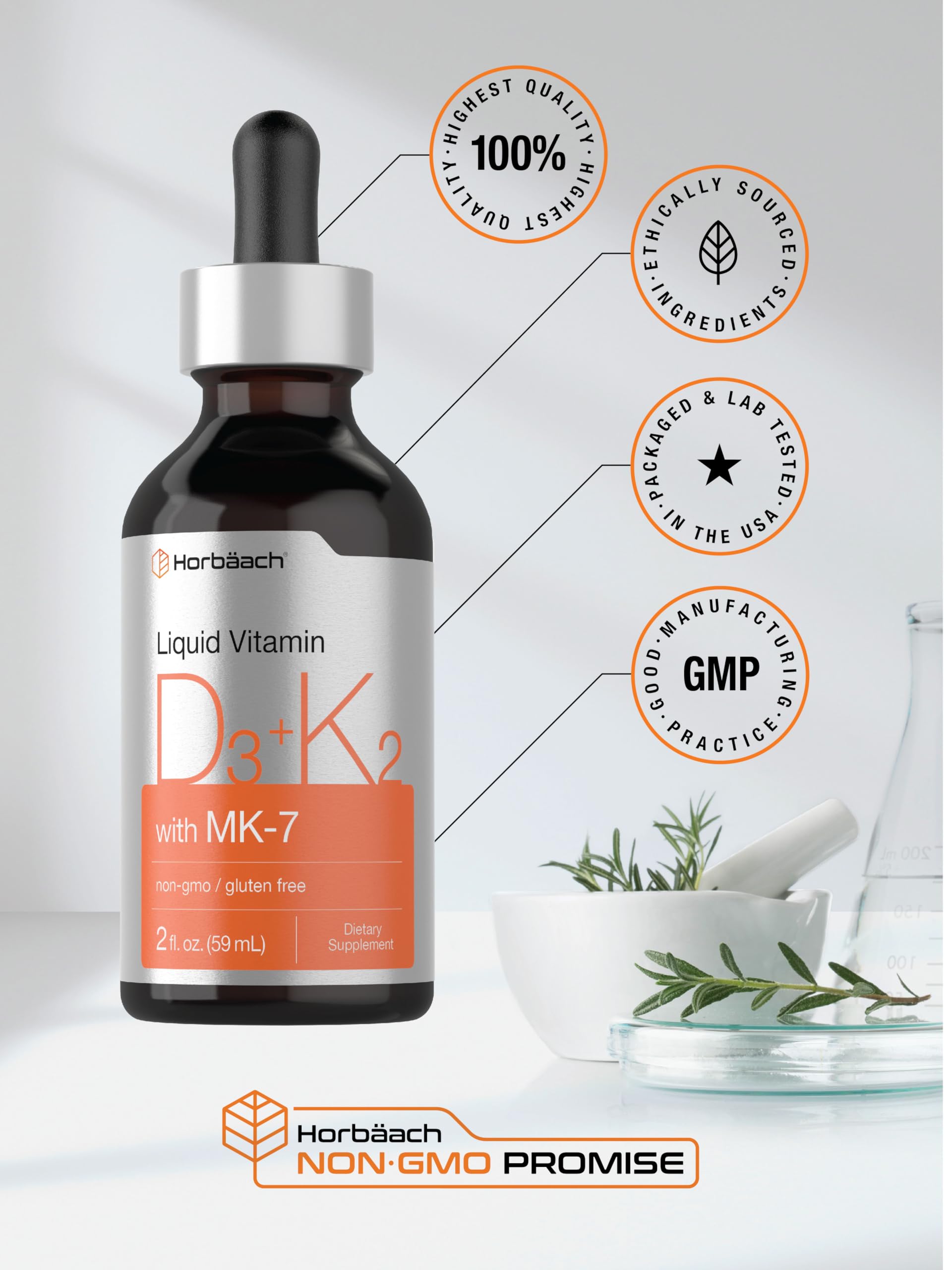 Horbäach Vitamin D3 + K2 Liquid Drops | with MK7 | 2 Fl Oz | Vegetarian | Non-GMO Horbäach uk supplements