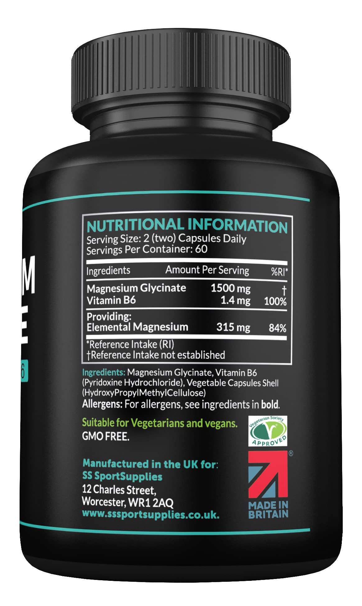 Magnesium Glycinate Supplements & Vitamin B6 - 120 High Strength Capsules SS Sport Supplies uk supplements
