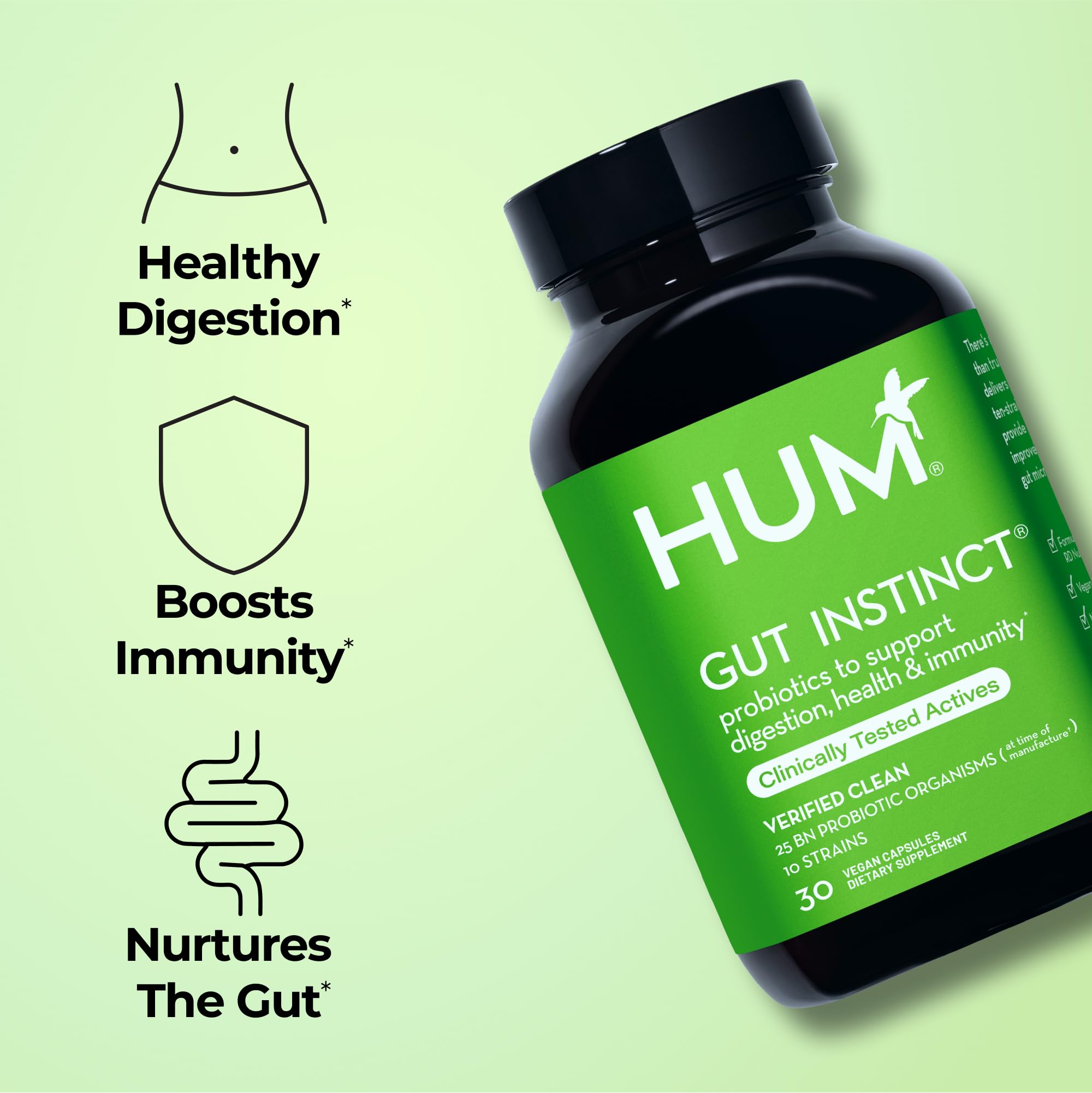 HUM Gut Instinct Daily Probiotics for Women and Men, Digestive Health, Lactobacillus, Bifidobacterium Strains for Immune Support, Probiotic Supplement for Healthy Gut Diversity, 30 Capsules HUM uk supplements