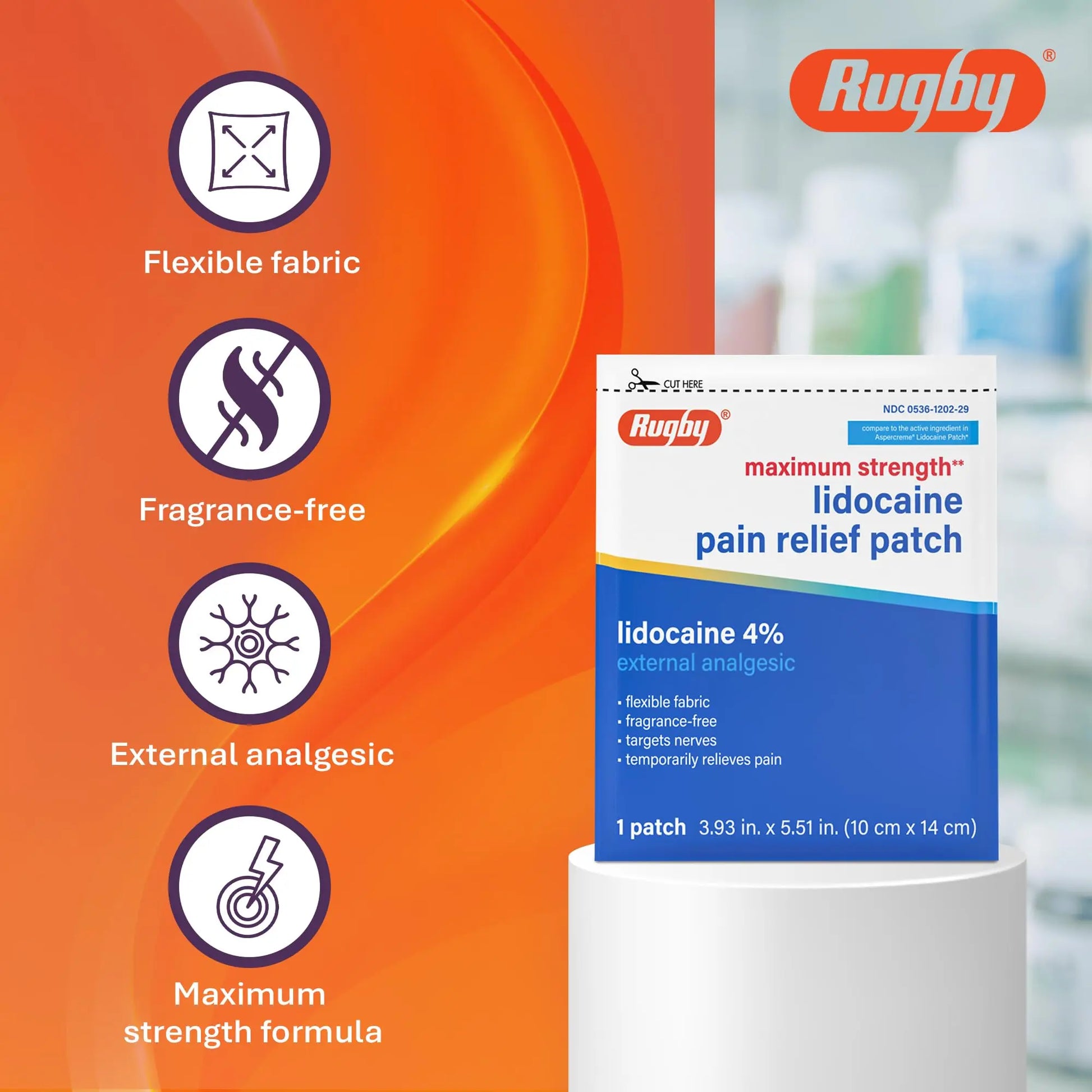 Rugby Maximum Strength 4% Lidocaine Pain Relief Patch- External Analgesic - Flexible Fabric, Fragrance-Free - Temporarily Relieves Pain - 100 Patches (10 cm x 14 cm Each) RUGBY LABORATORIES uk supplements