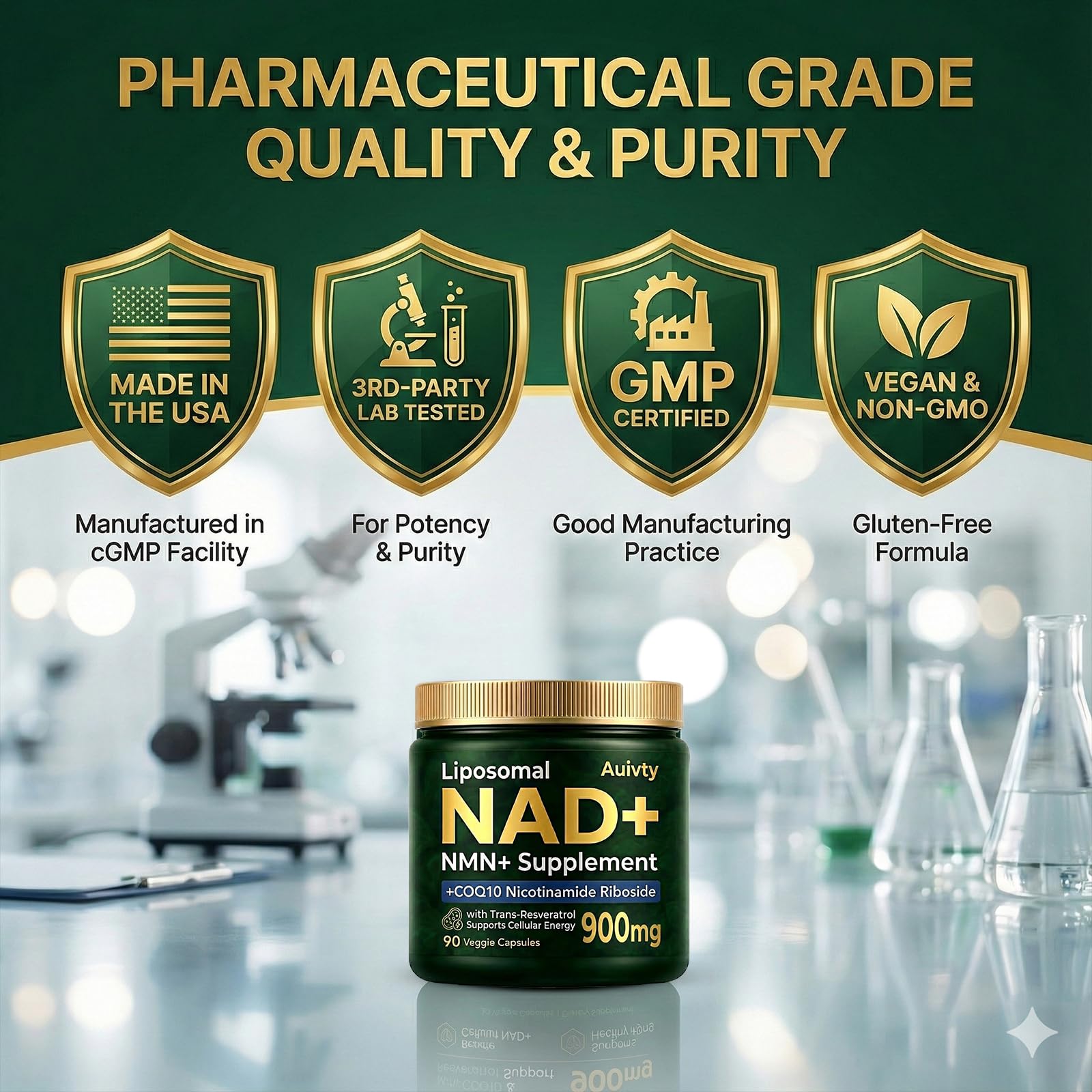 Auivty Liposomal NAD+ NMN Supplement with COQ10, Nicotinamide Riboside, Trans-Resveratrol, 900mg, 90 Veggie Capsules Auivty uk supplements