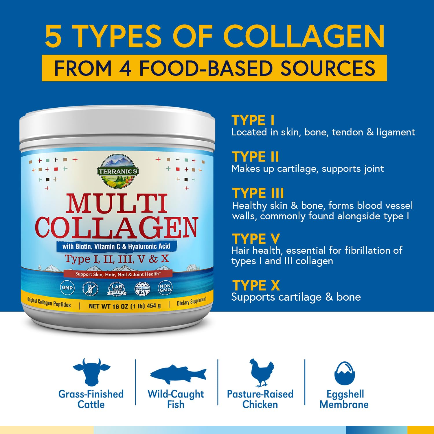 Terranics Multi Collagen Powder Type I II II V X with Biotin VC Hyaluronic Acid, Paleo Terranics uk supplements