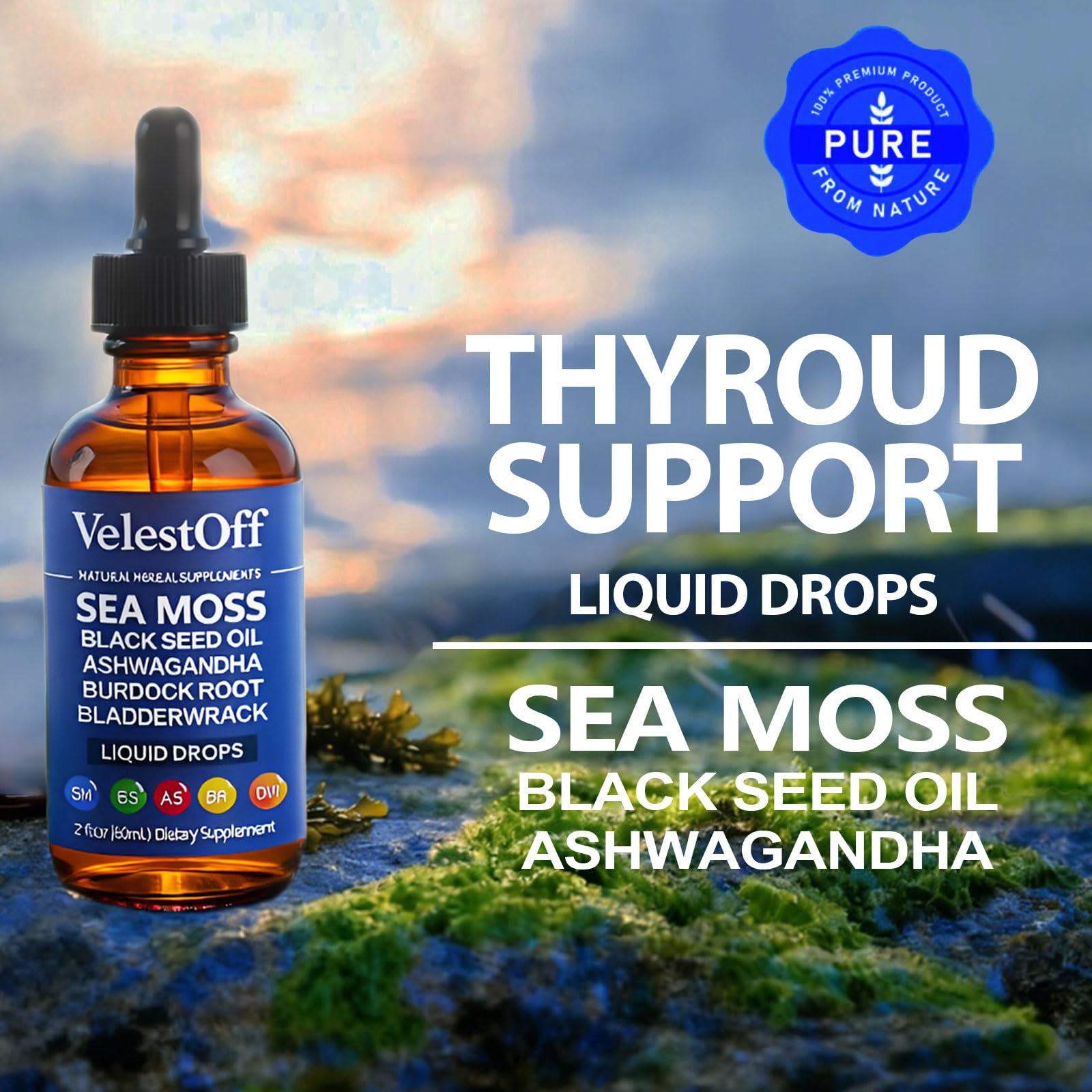 Velestoff Irish Seamoss Thyroid Hormone Regulator, Velestoff Thyroid Support Drops | Sea Moss, Black Seed Oil, Ashwagandha, Burdock Root, Bladderwrack, Hormone Balance & Support - 2 FL.OZ (1 Pcs) Velestoff uk supplements